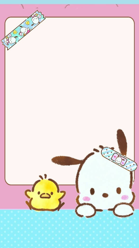 Pochacco, pink and blue bordered frame, yellow chick, SD Phone Wallpaper