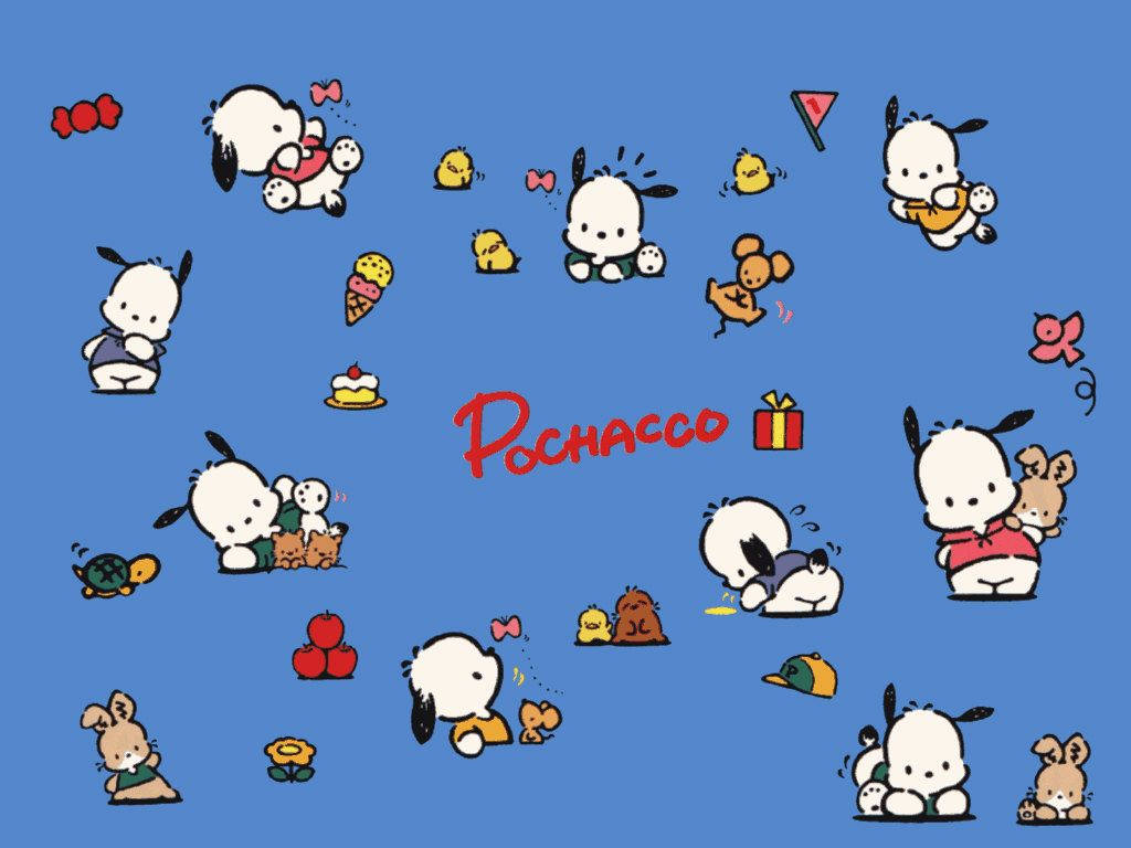Pochacco, blue background, toys, SD Desktop Wallpaper