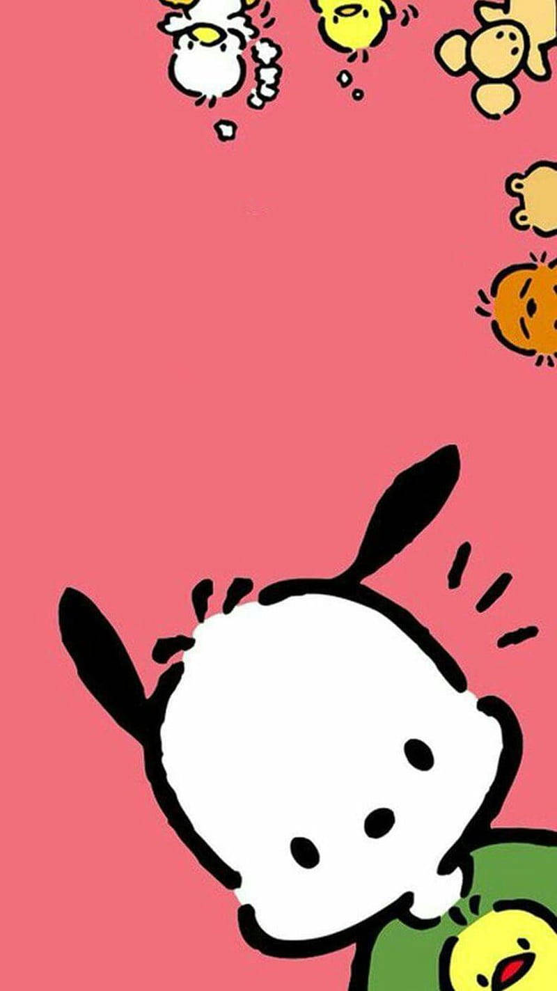 Pochacco, pink background, yellow chicks, HD Phone Wallpaper