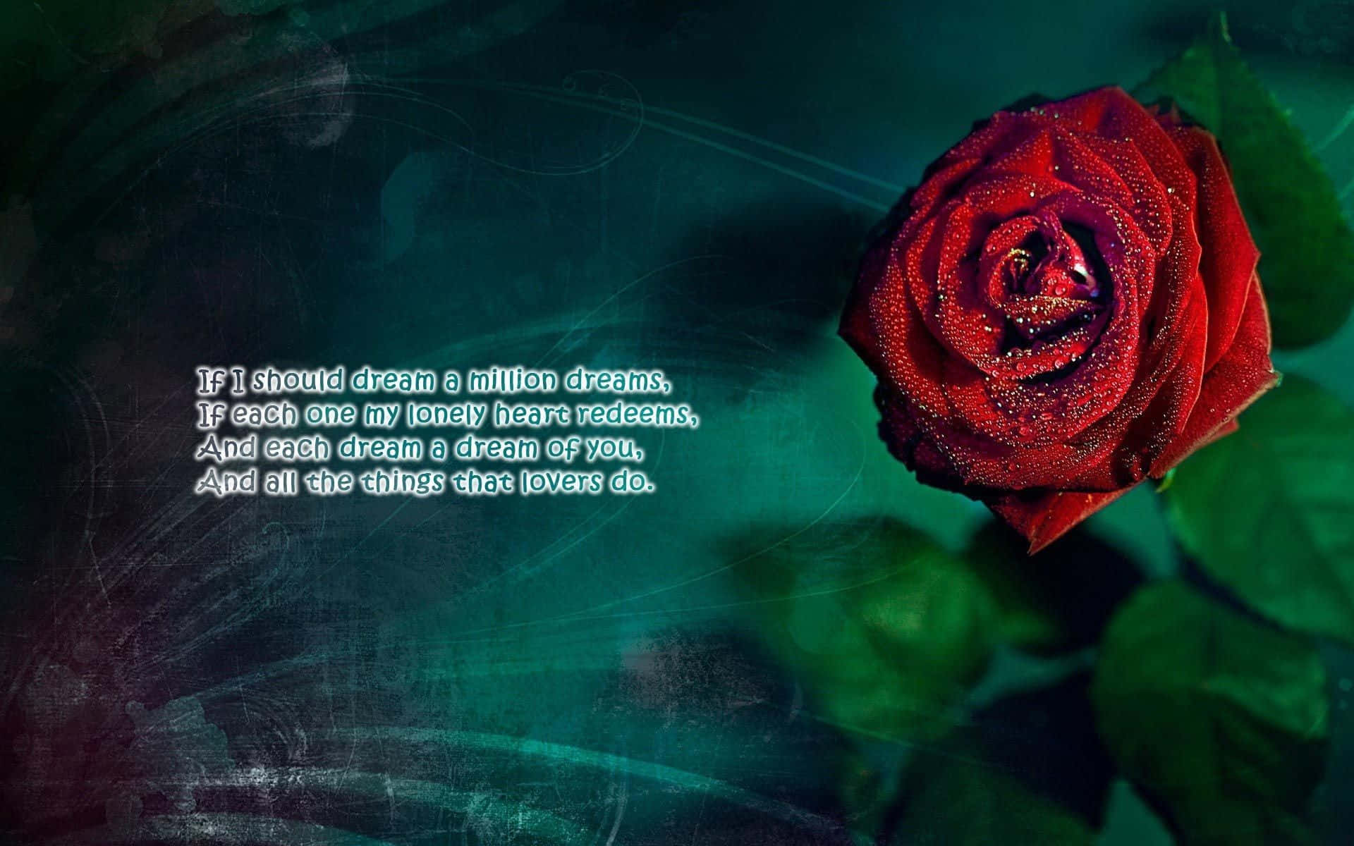 red rose, teal background, poetic text overlay, Full HD Desktop Wallpaper