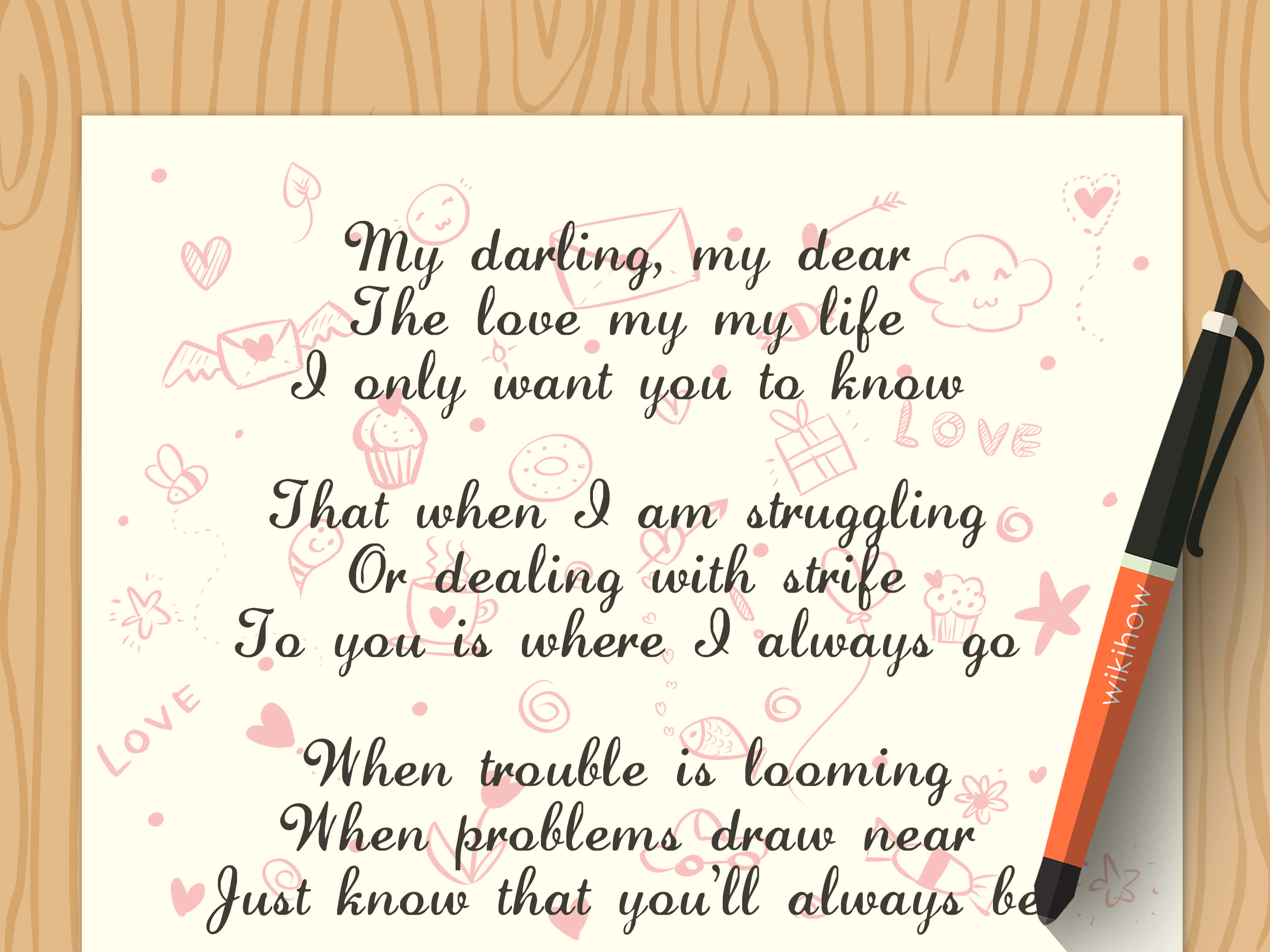Romantic Poem With A Pen, cream paper, pink doodles, 2K Desktop Wallpaper
