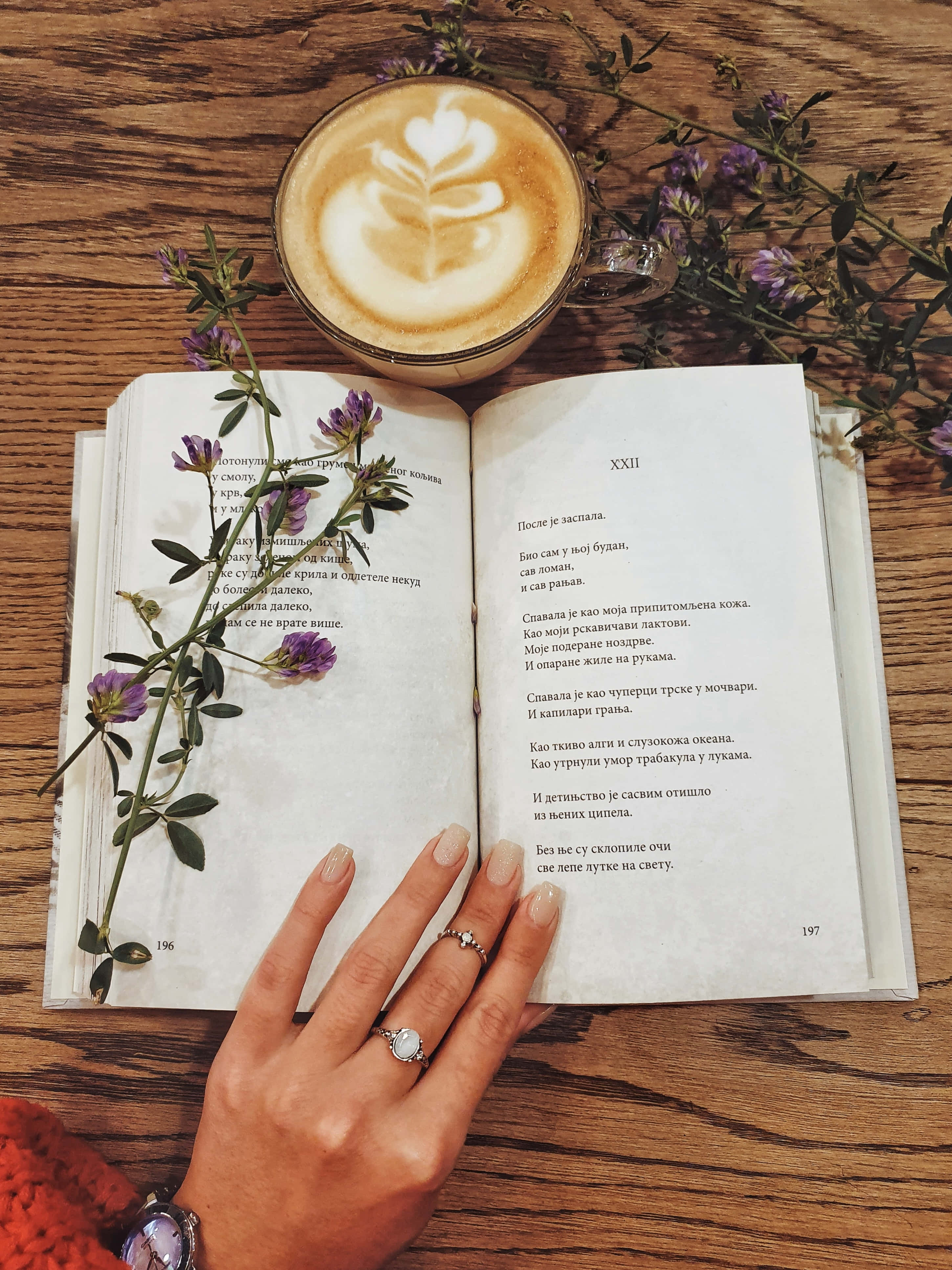 Poem, open book, latte with leaf art, 4K Phone Wallpaper