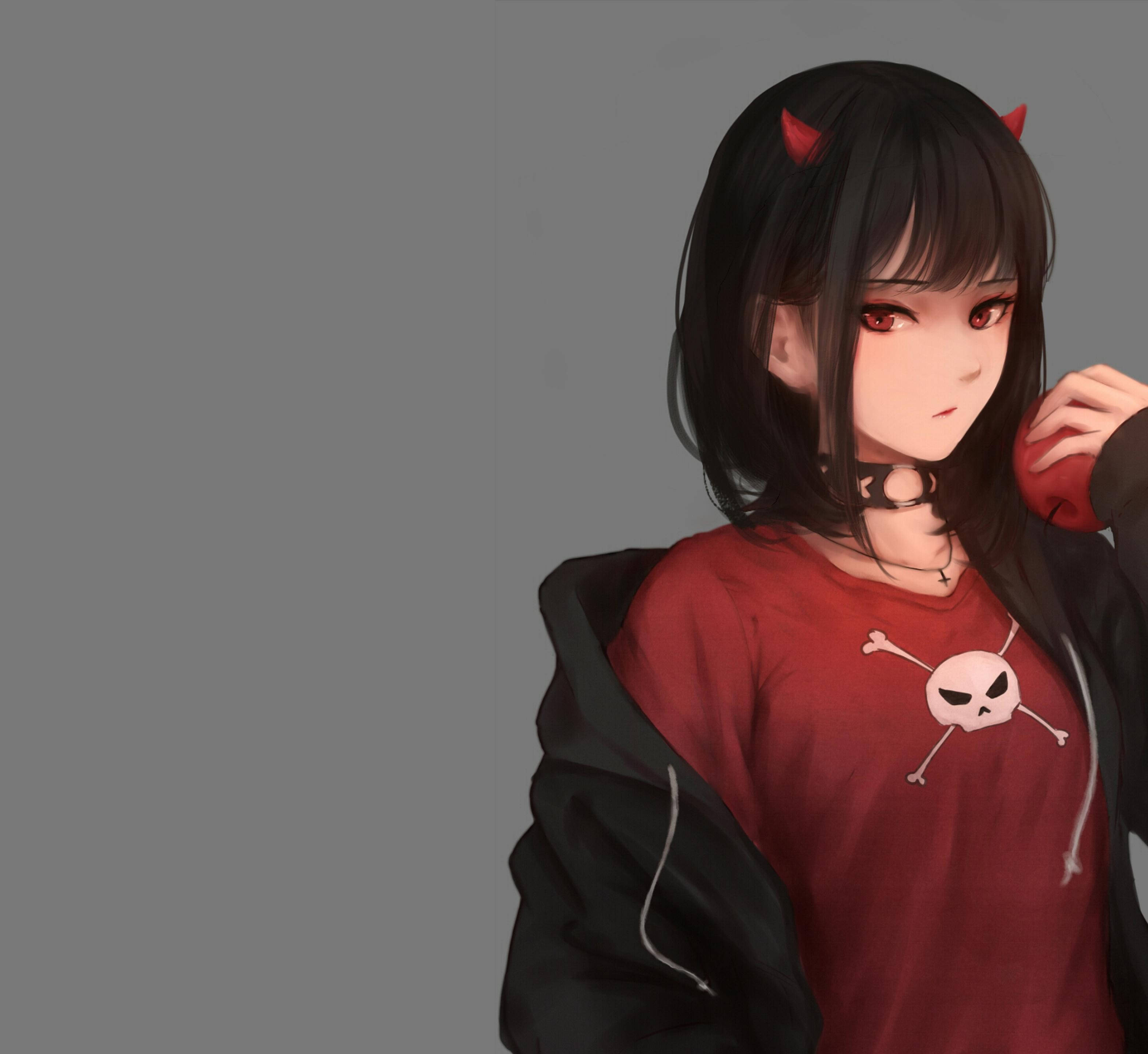 sad demon girl, red horns, red eyes, 2K Desktop Wallpaper