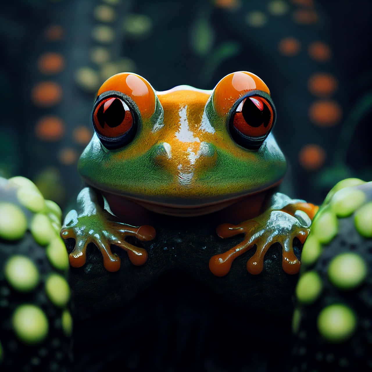 vibrant green and orange frog, striking red eyes, dark surface, HD Desktop Wallpaper