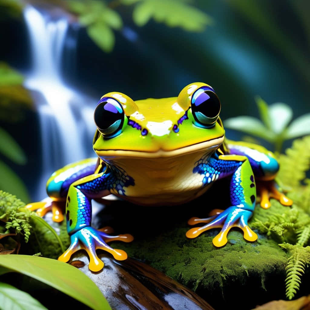 vibrant poison frog, waterfall, mossy rock, SD Desktop Wallpaper