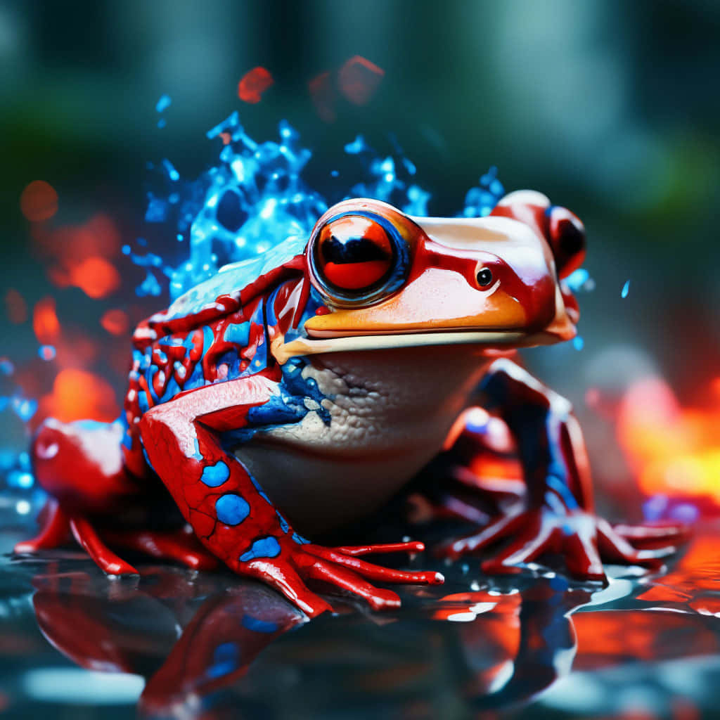 vibrant poison frog, red and blue frog, glowing eyes, SD Desktop Wallpaper