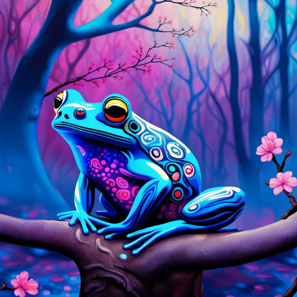 vibrant blue frog, glowing eyes, colorful patterns, SD Desktop Wallpaper