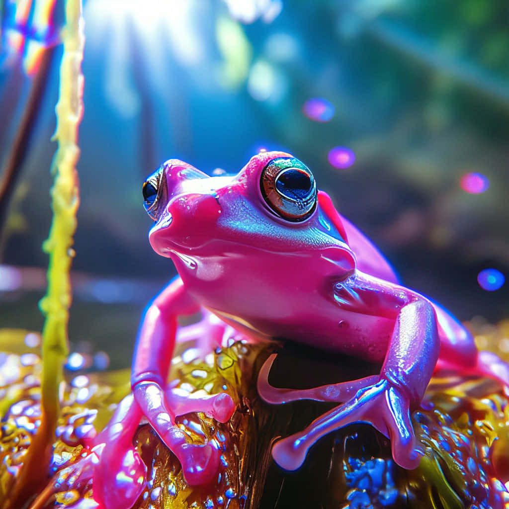 vibrant pink poison frog, glossy neon pink frog, iridescent eyes, SD Desktop Wallpaper