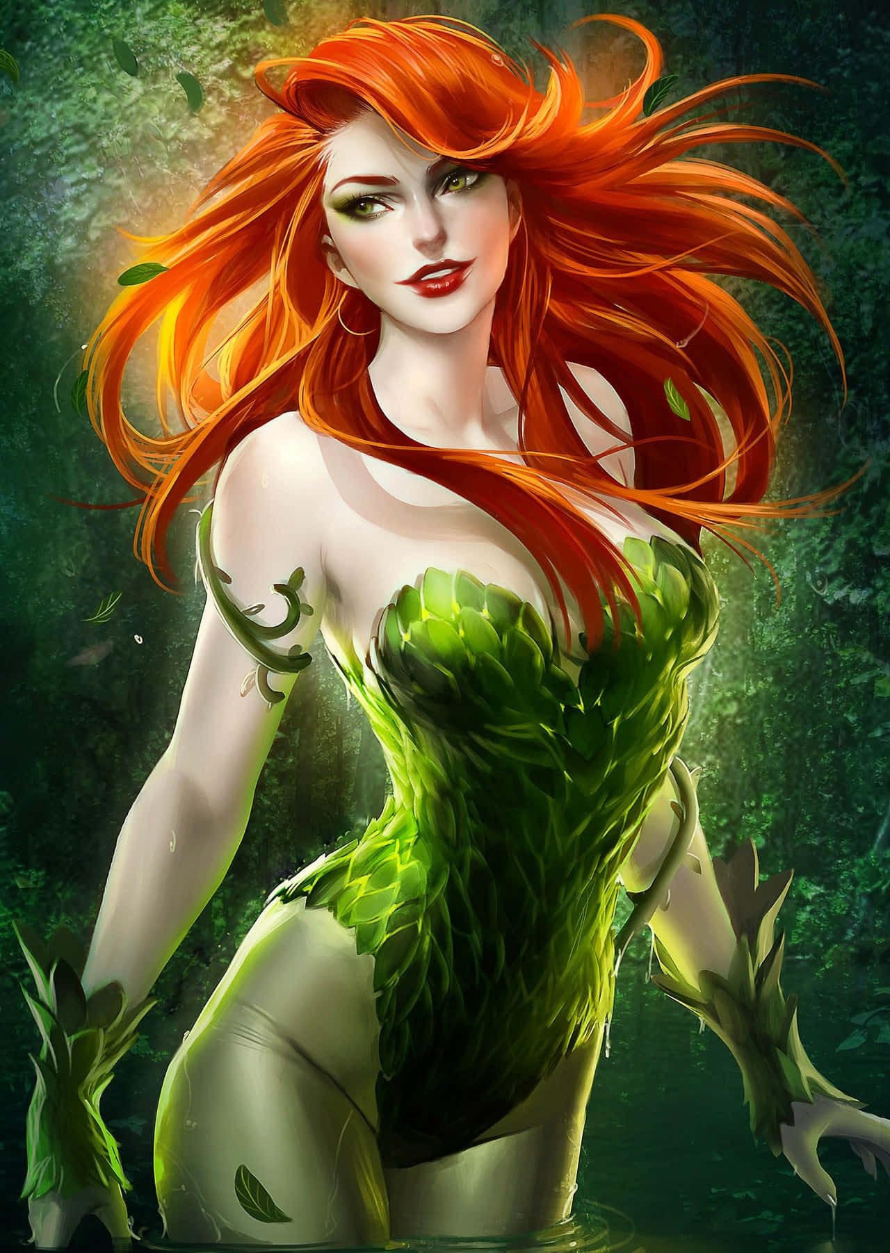 Poison Ivy, fiery red hair, green leafy attire, HD Phone Wallpaper