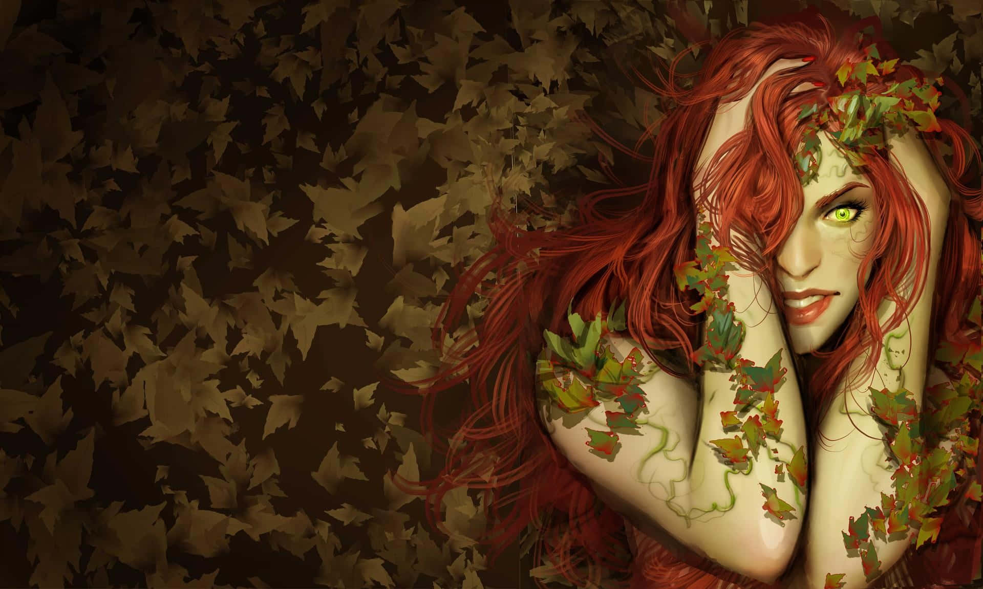 Poison Ivy, fiery red hair, glowing green eyes, Full HD Desktop Wallpaper