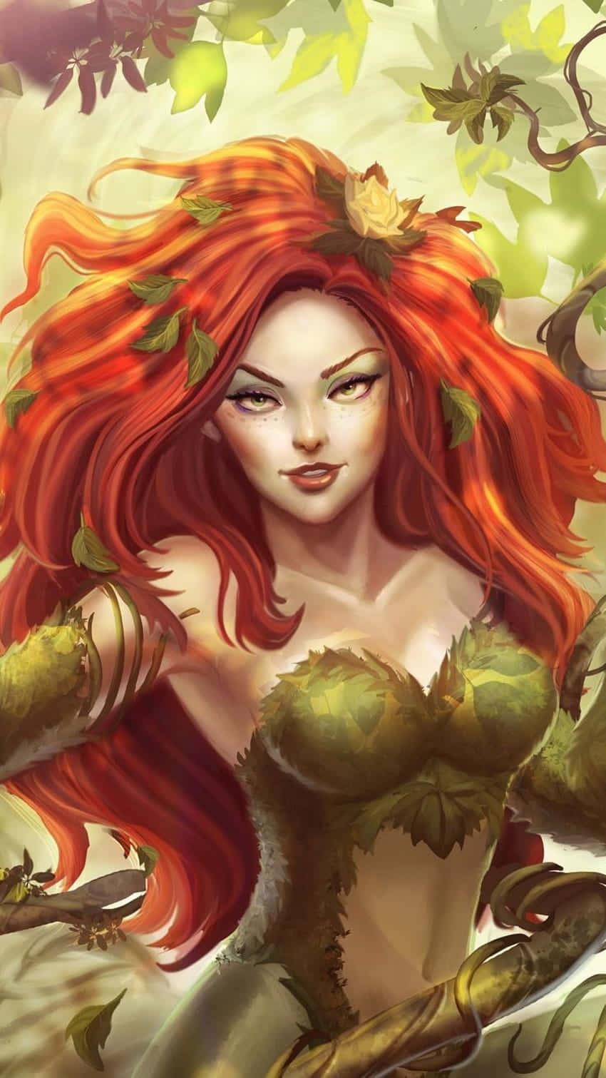 Poison Ivy, fiery red hair, leaves, HD Phone Wallpaper