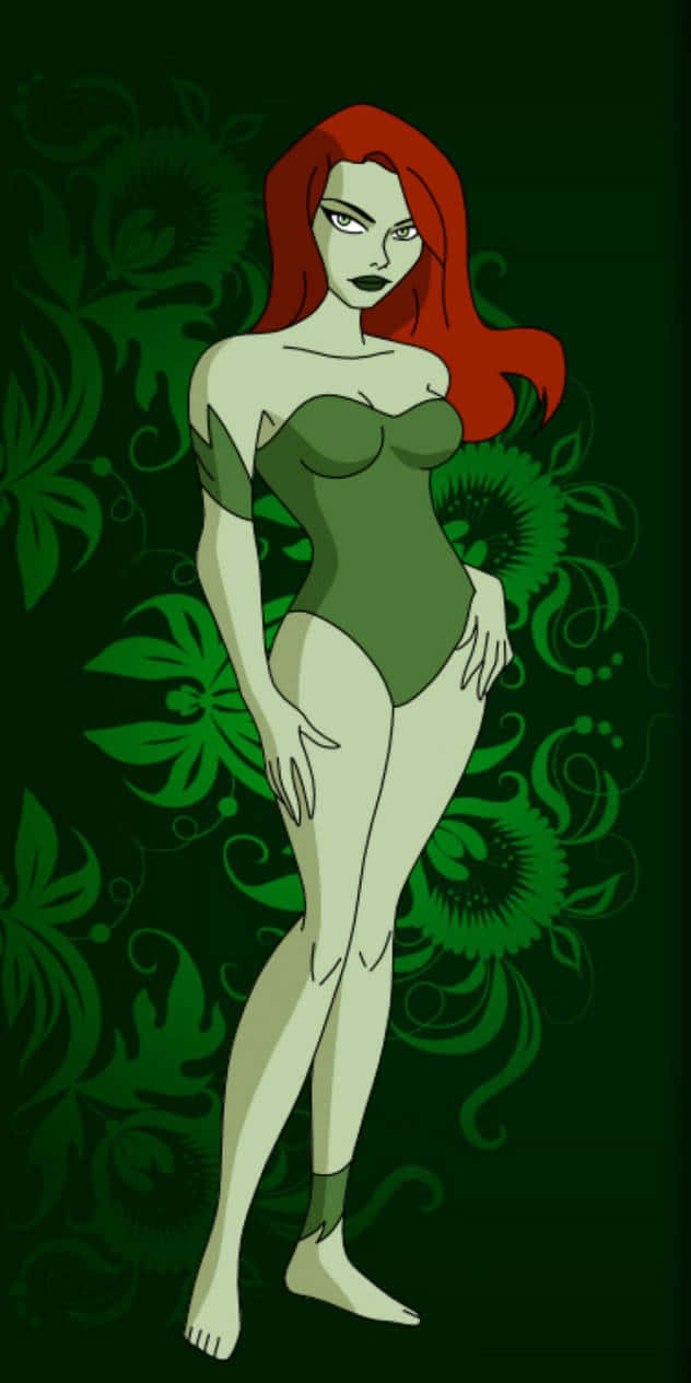 Poison Ivy, green bodysuit, dark green floral patterned background, SD Phone Wallpaper