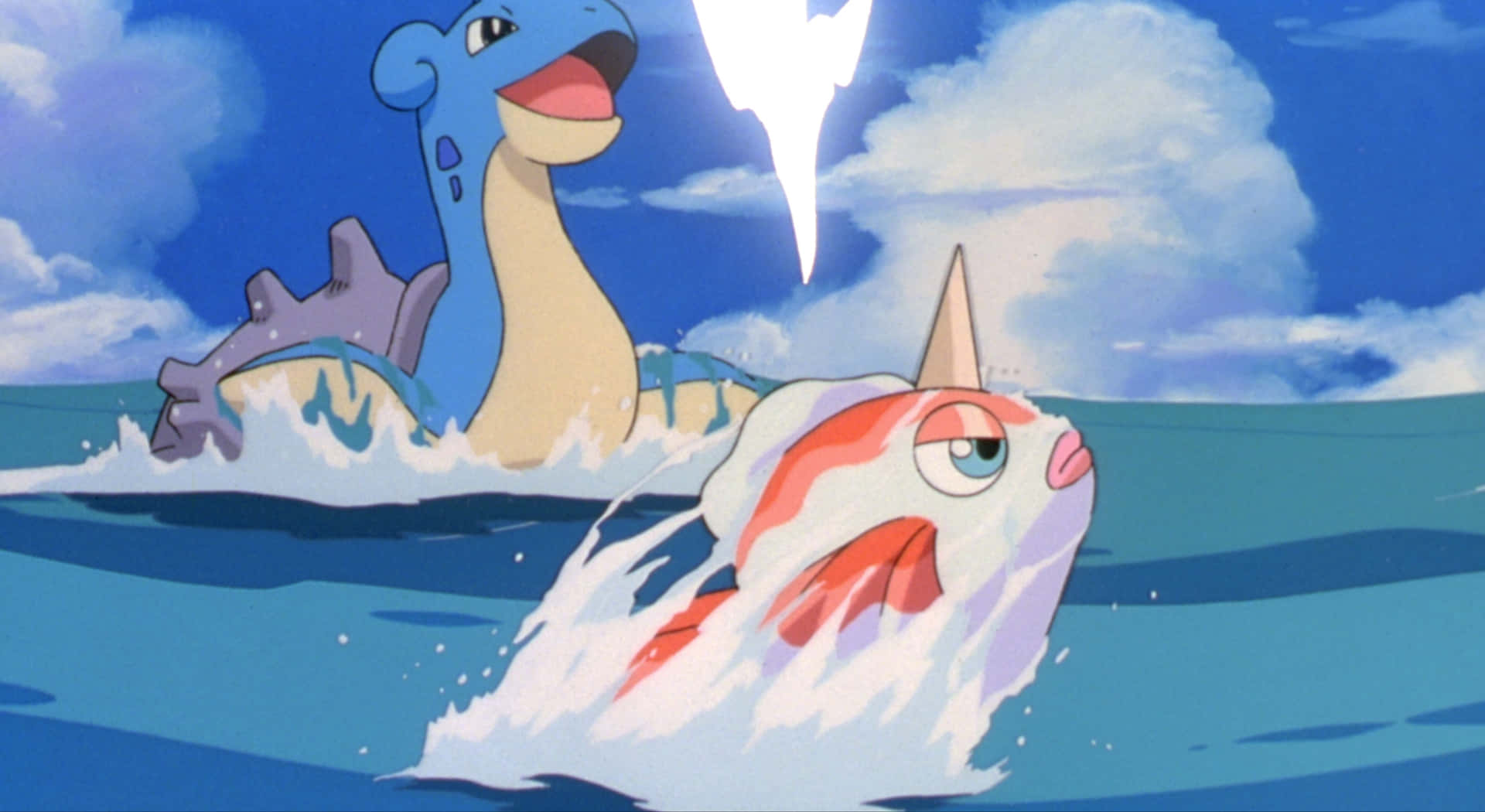 Pokemon 2000, blue water-type Pokémon, red and white fish-like Pokémon, Full HD Desktop Wallpaper