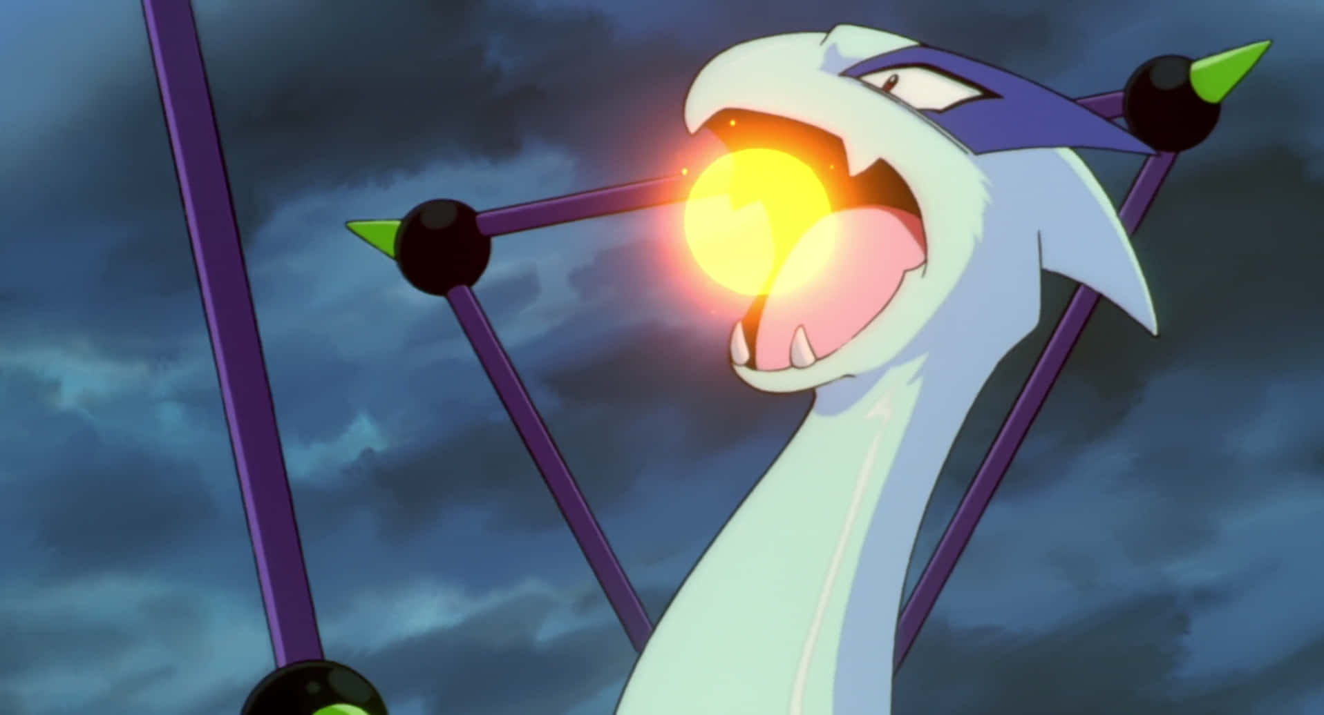 Pokemon 2000 Fire, white dragon-like anime creature, purple horns, HD Desktop Wallpaper