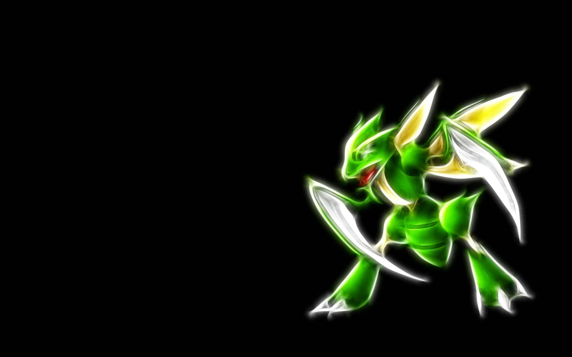 glowing green Scyther, dragon-like creature, sharp blades, Full HD Desktop Wallpaper