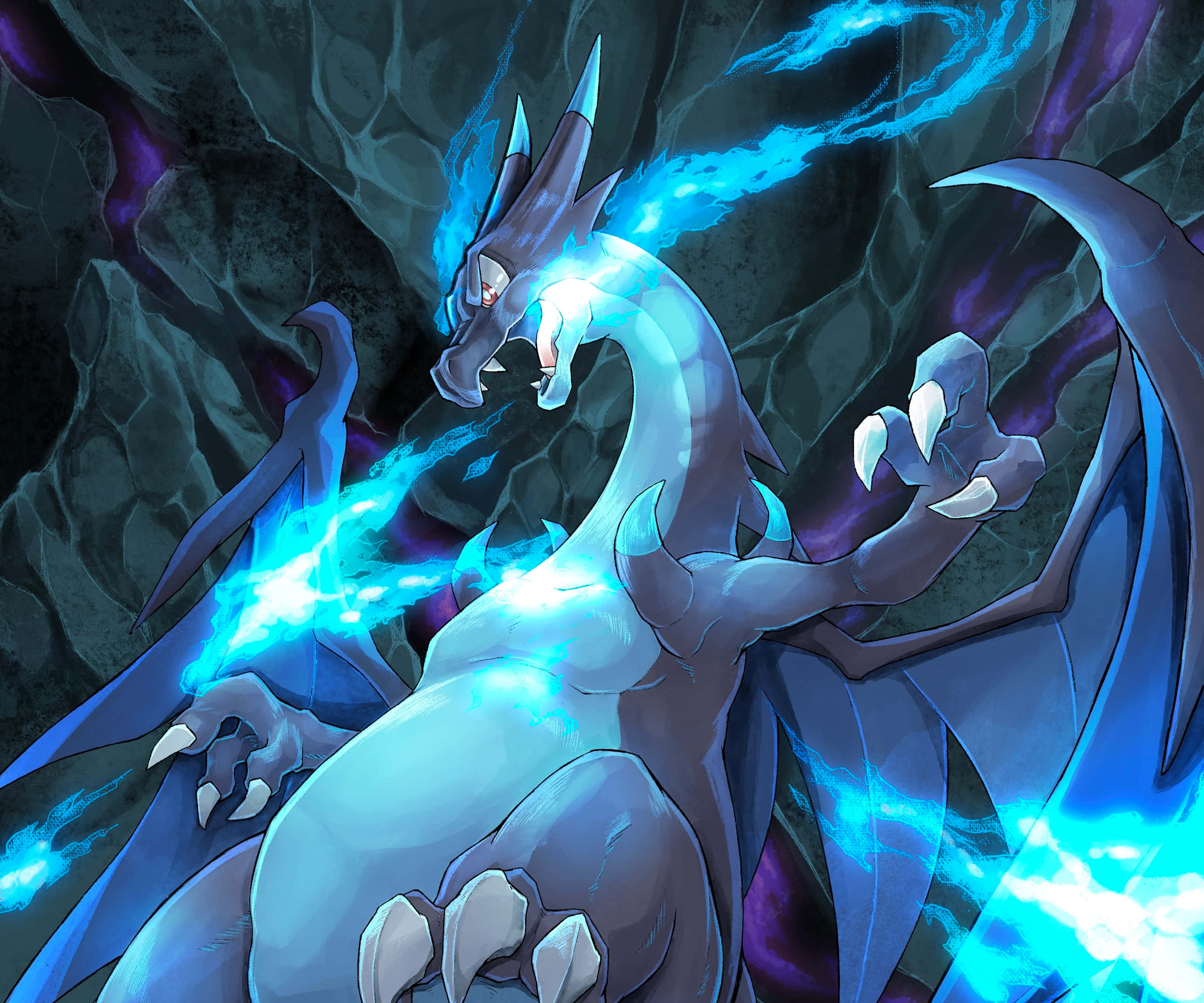 Pokemon Charizard, blue dragon, glowing electric energy, 2K Desktop Wallpaper