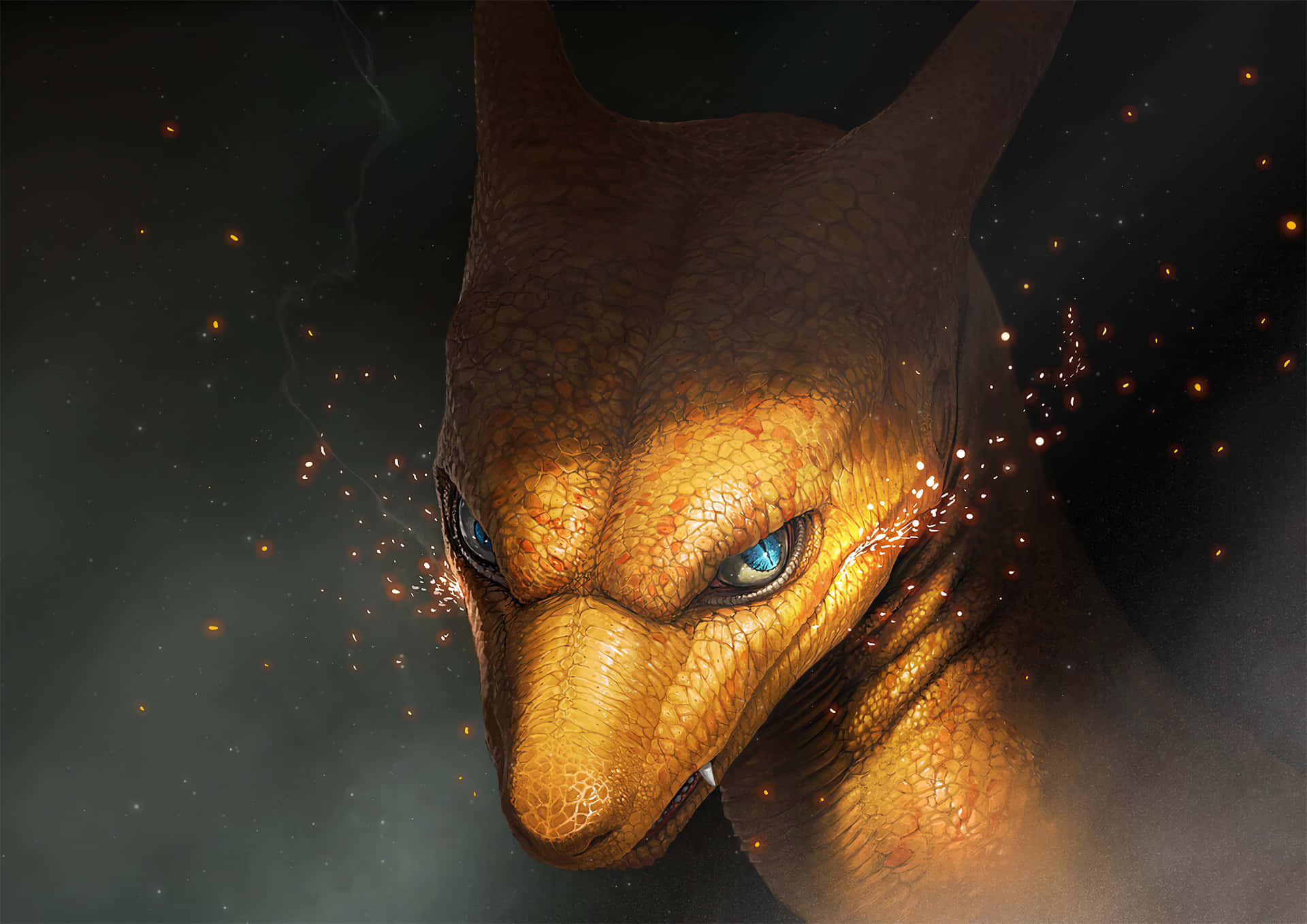 Pokemon Charizard, golden dragon, glowing blue eyes, Full HD Desktop Wallpaper