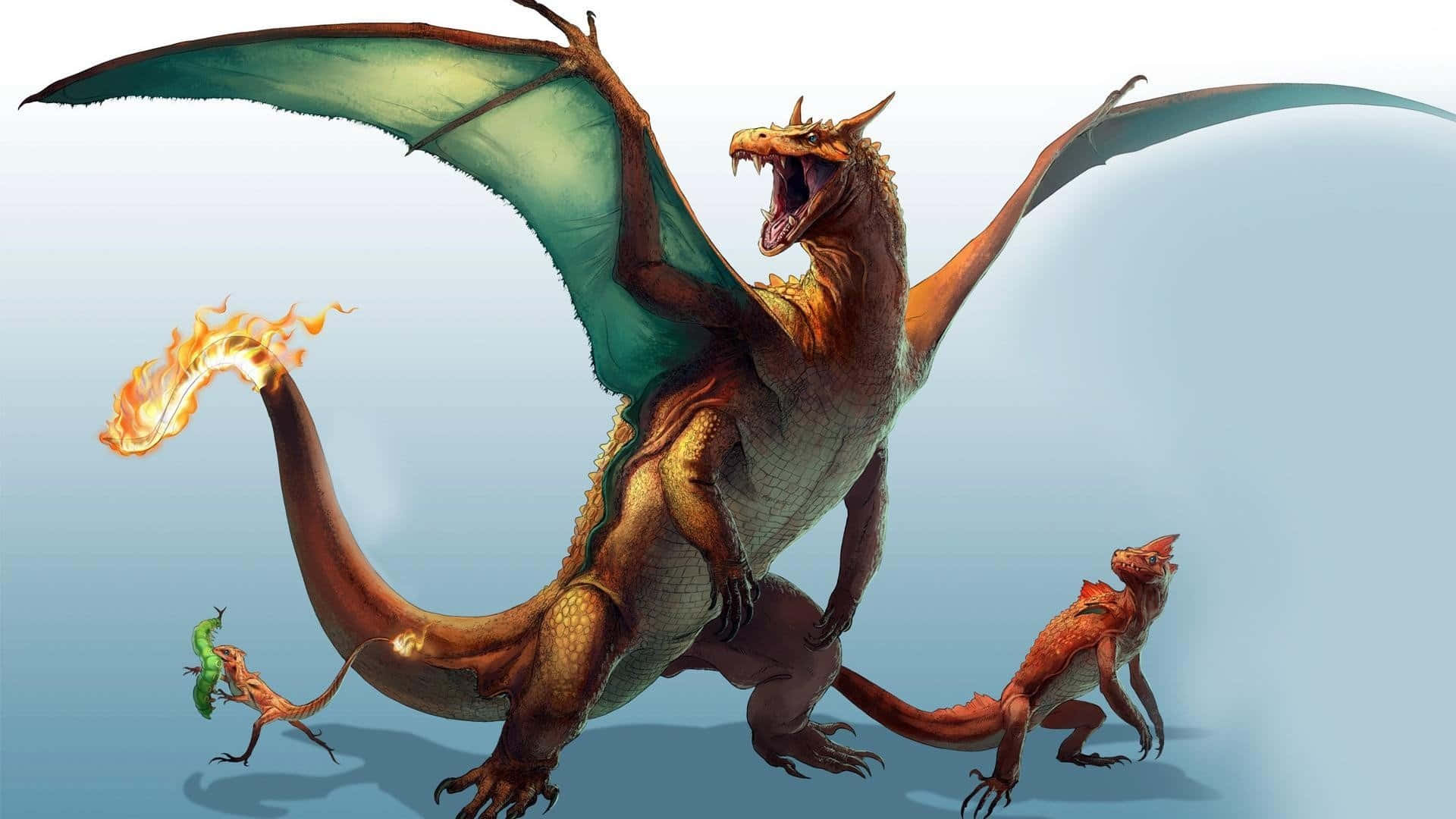 Pokemon Charizard, golden dragon, teal wings, Full HD Desktop Wallpaper