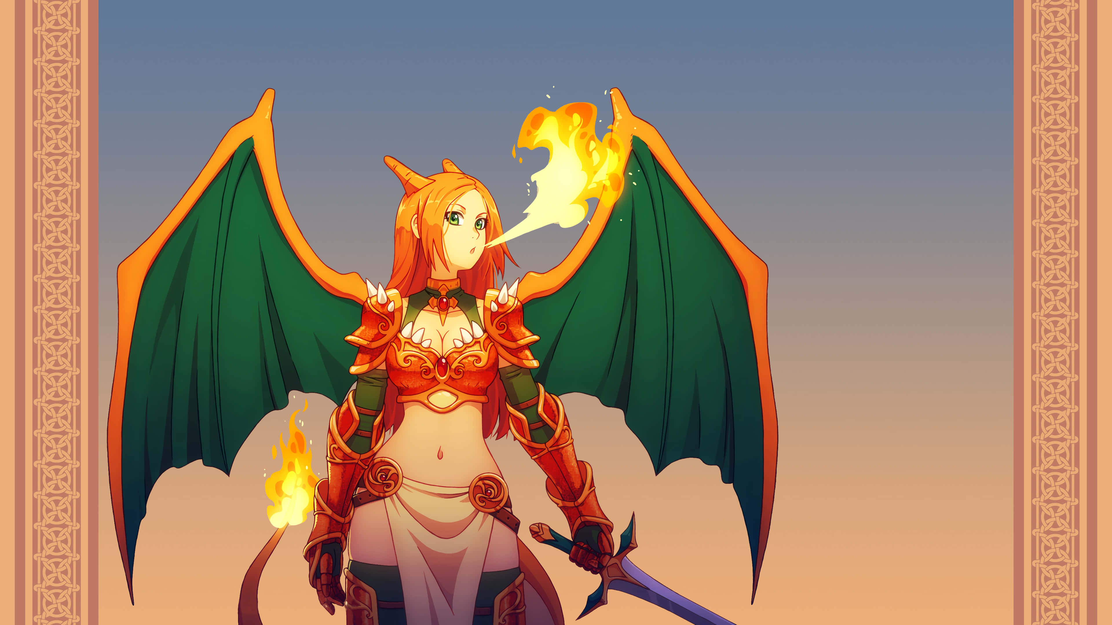 Pokemon Charizard, dragon girl, ornate armor, 4K Desktop Wallpaper