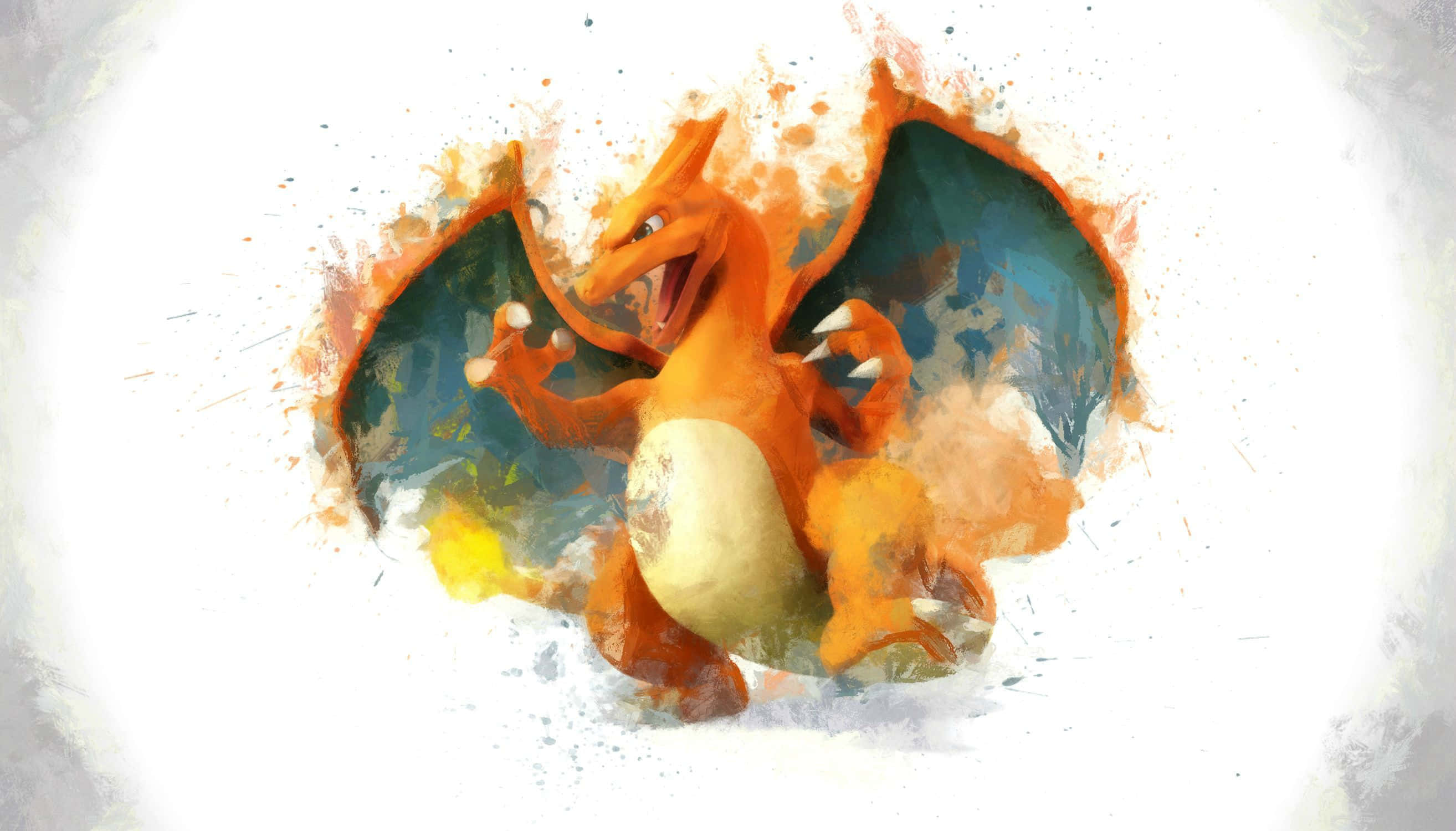 Pokemon Charizard, fiery orange, watercolor hole, 2K Desktop Wallpaper