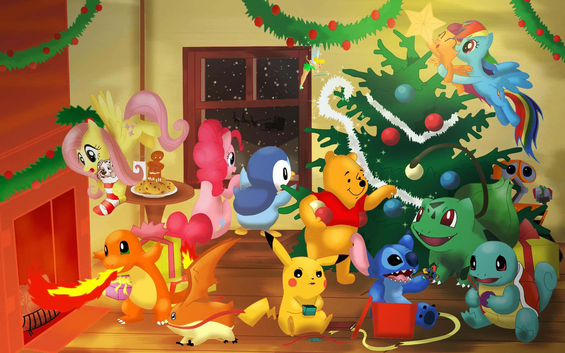 Pokemon Christmas, cartoon characters, Christmas tree, Full HD Desktop Wallpaper
