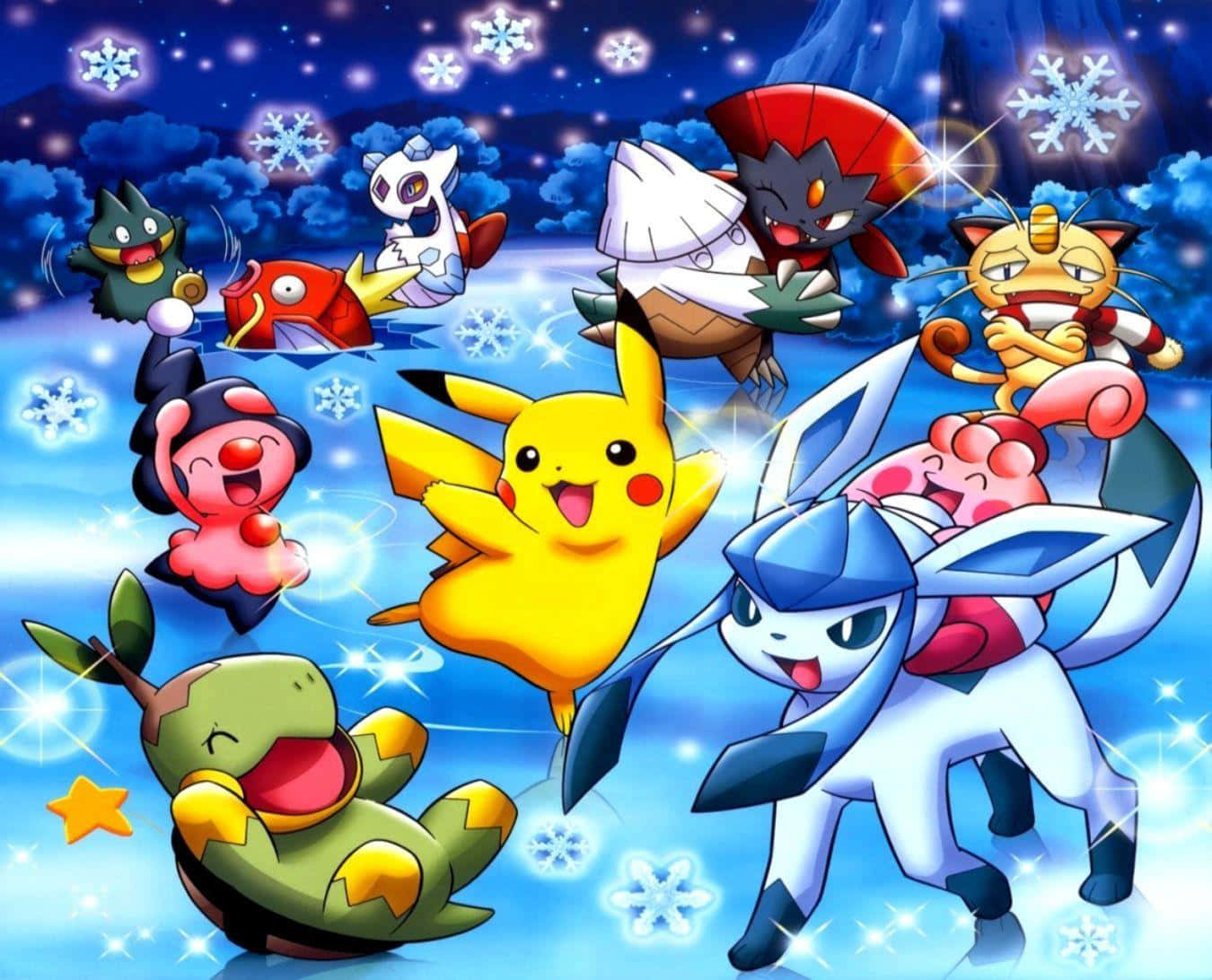 Pokemon Christmas, colorful Pokémon, sparkling snowy night sky, HD Desktop Wallpaper