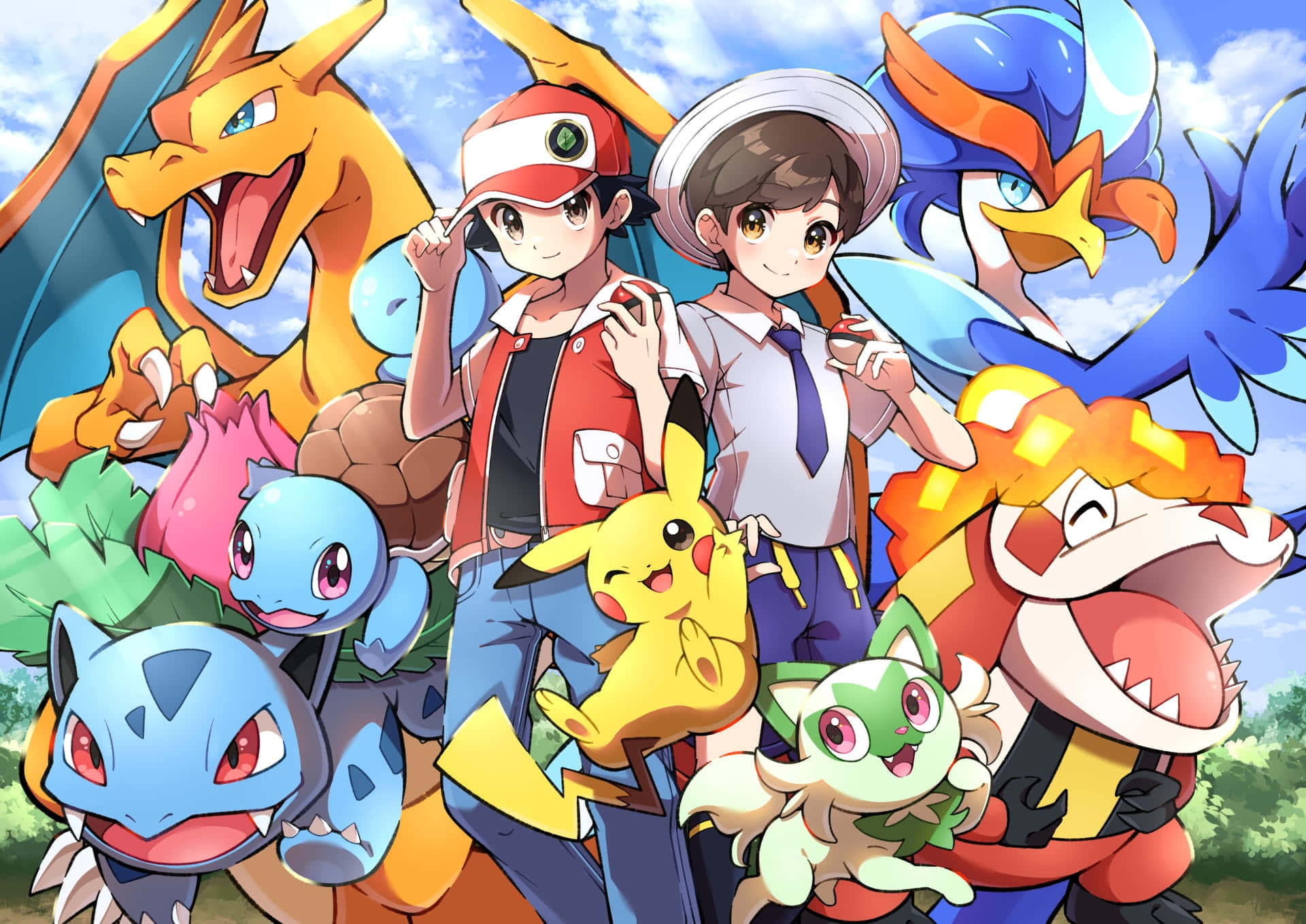 Pokemon, trainers, vibrant Pokémon team, Full HD Desktop Wallpaper
