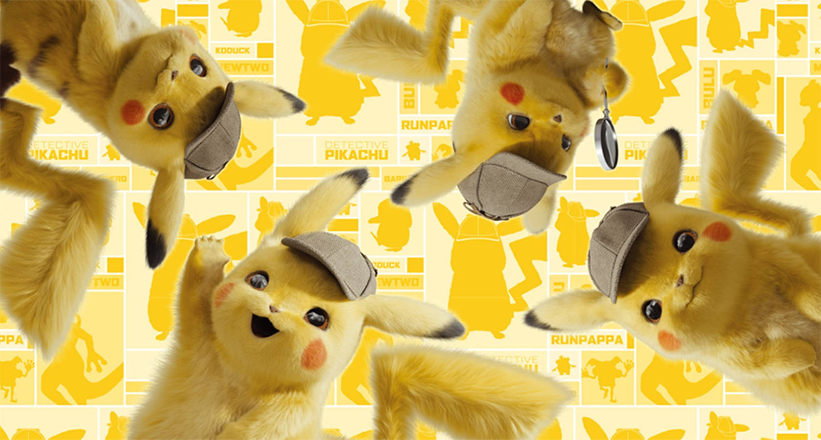 Pokemon Detective Pikachu, Detective Pikachu, yellow patterned background, HD Desktop Wallpaper