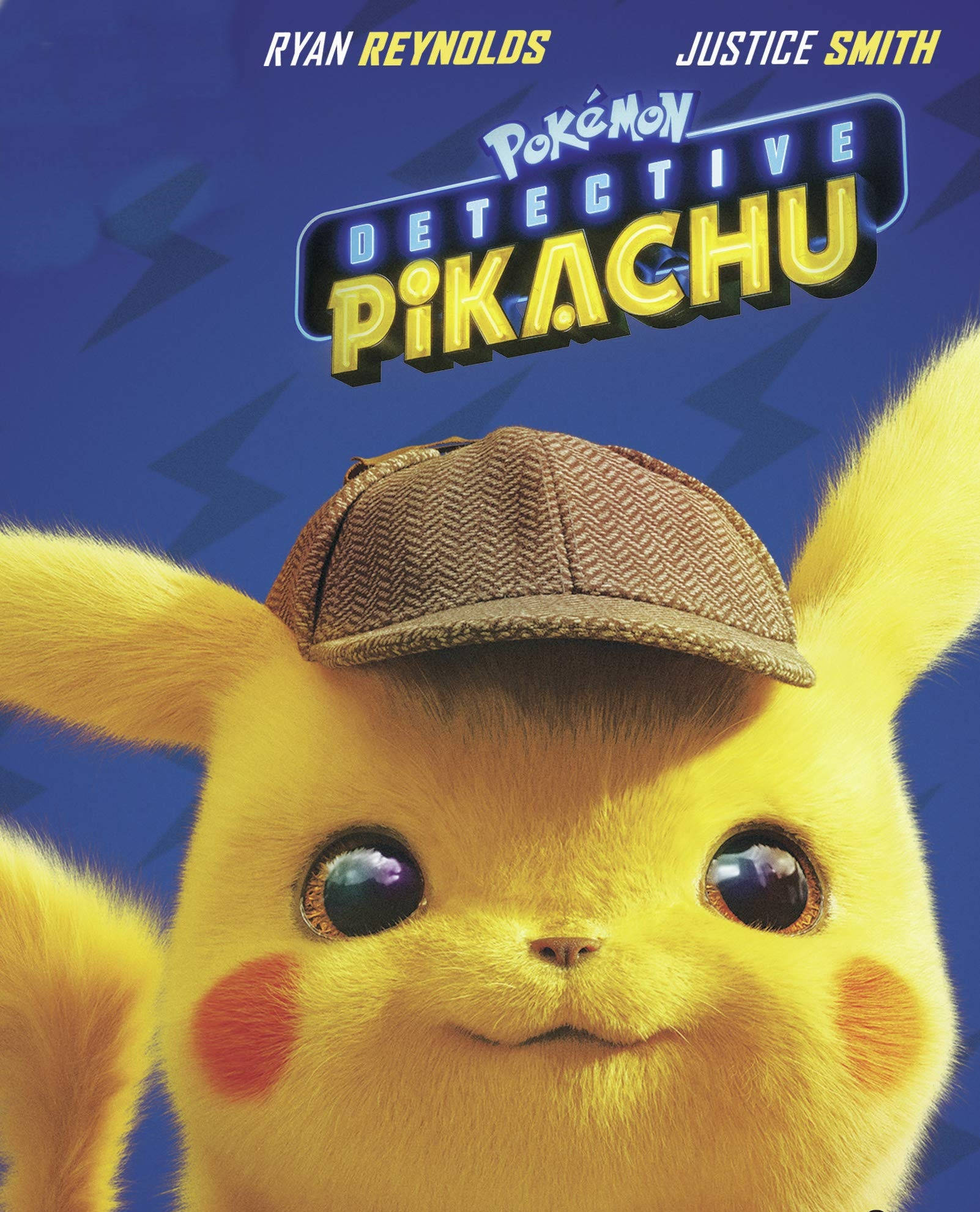 Pokemon Detective Pikachu, brown houndstooth cap, blue background, Full HD Phone Wallpaper
