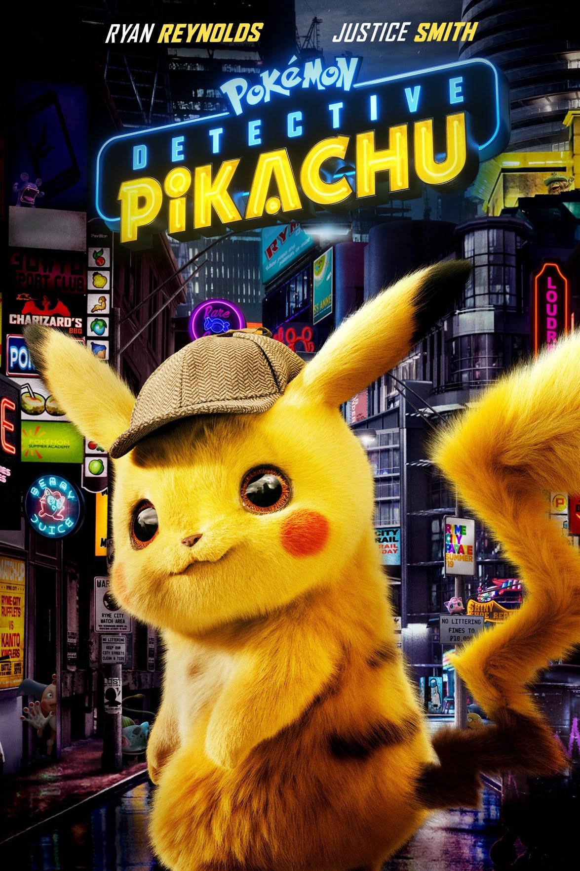 Detective Pikachu, 2019 live action movie, neon-lit rainy city street, HD Phone Wallpaper