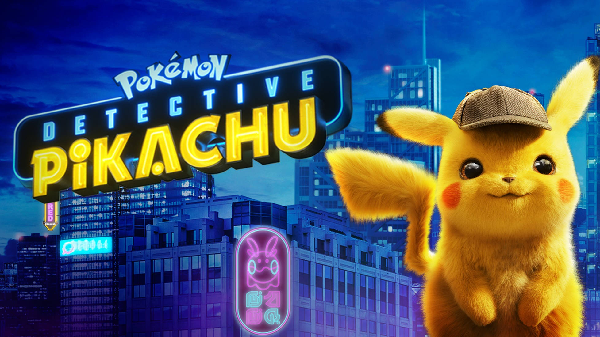 Pokemon Detective Pikachu, Detective Pikachu, neon-lit cityscape, Full HD Desktop Wallpaper