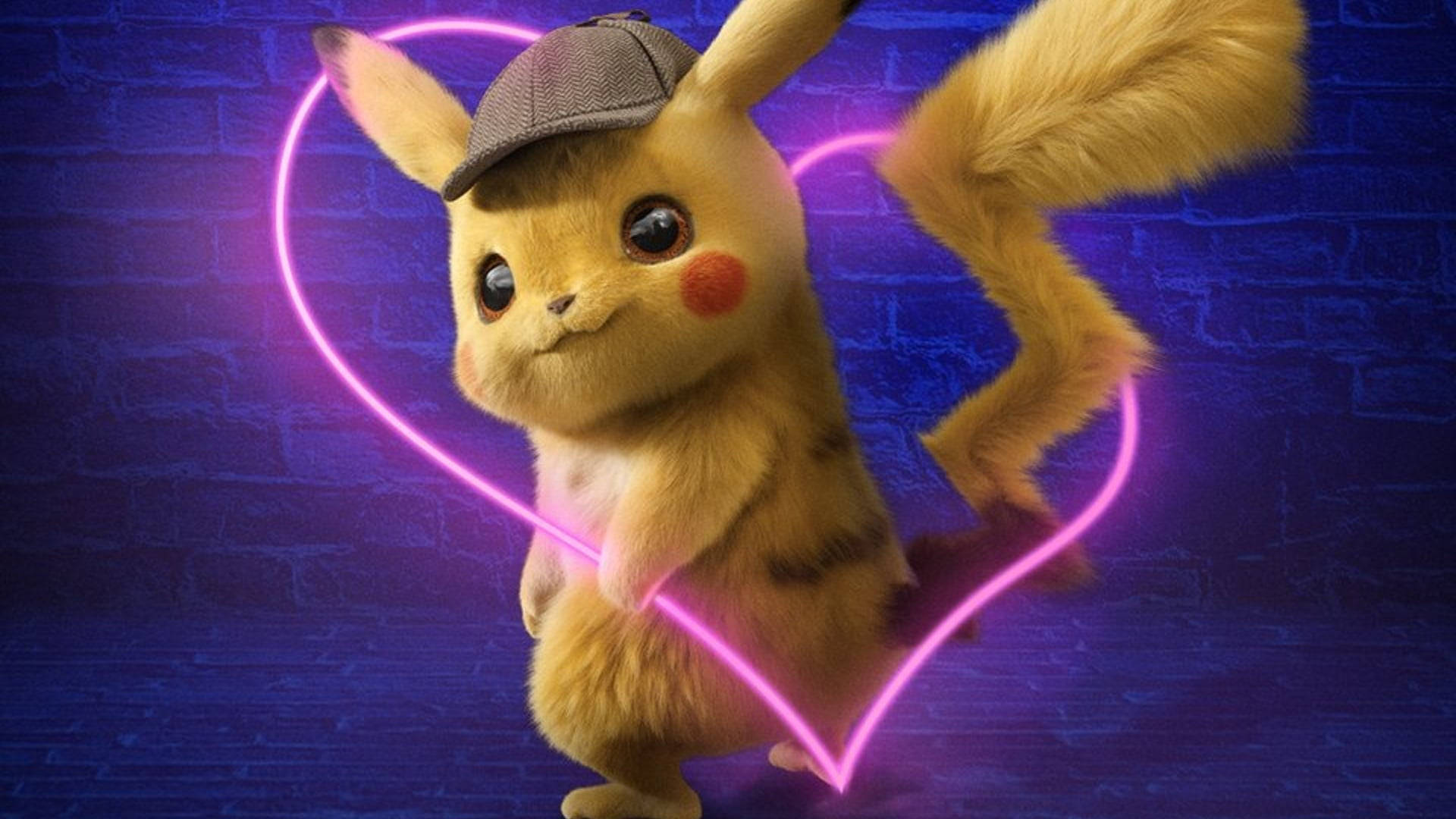 Pokemon Detective Pikachu, neon heart, fluffy Pikachu, Full HD Desktop Wallpaper