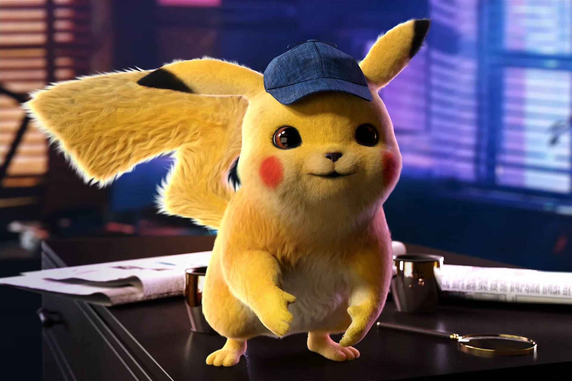 Pokemon Detective Pikachu, fluffy yellow Pikachu, blue detective cap, Full HD Desktop Wallpaper
