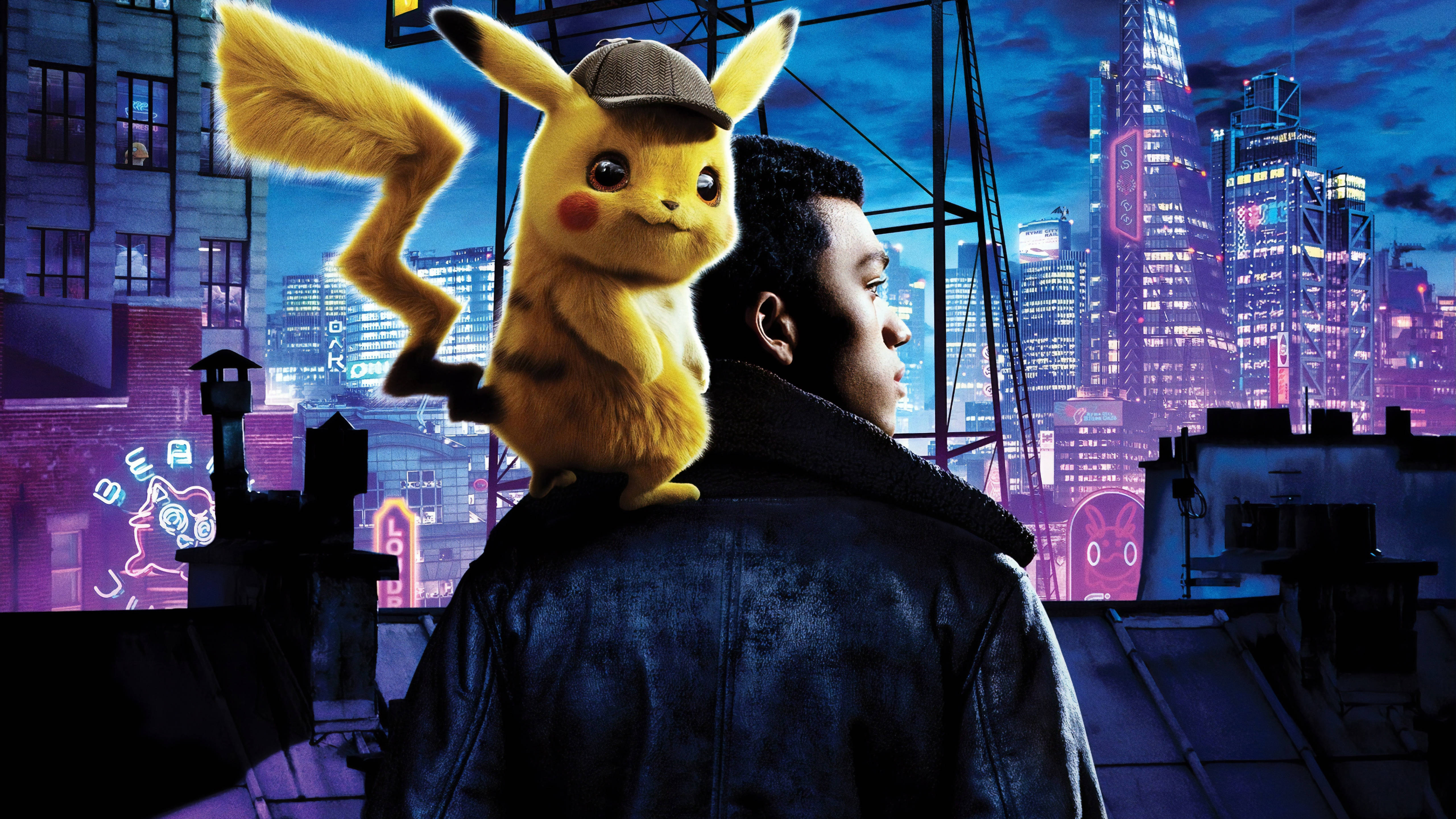 Detective Pikachu, Pikachu, neon-lit city skyline, 5K Desktop Wallpaper