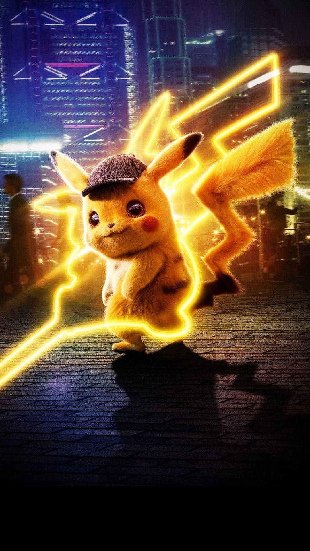 Pikachu, detective hat, neon-lit city street, Full HD Phone Wallpaper