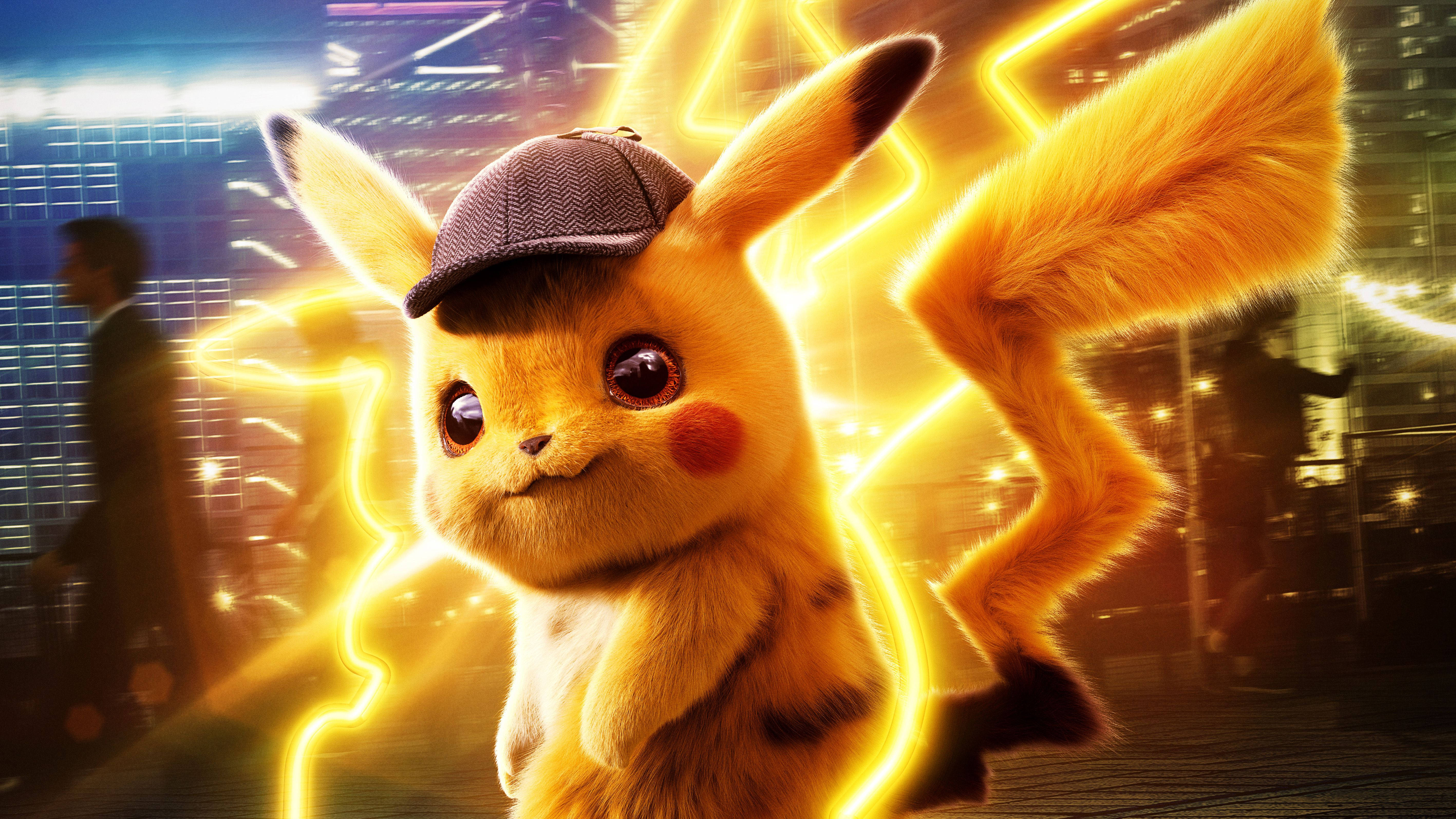 Pokemon Detective Pikachu, Detective Pikachu, neon-lit cityscape, 5K Desktop Wallpaper