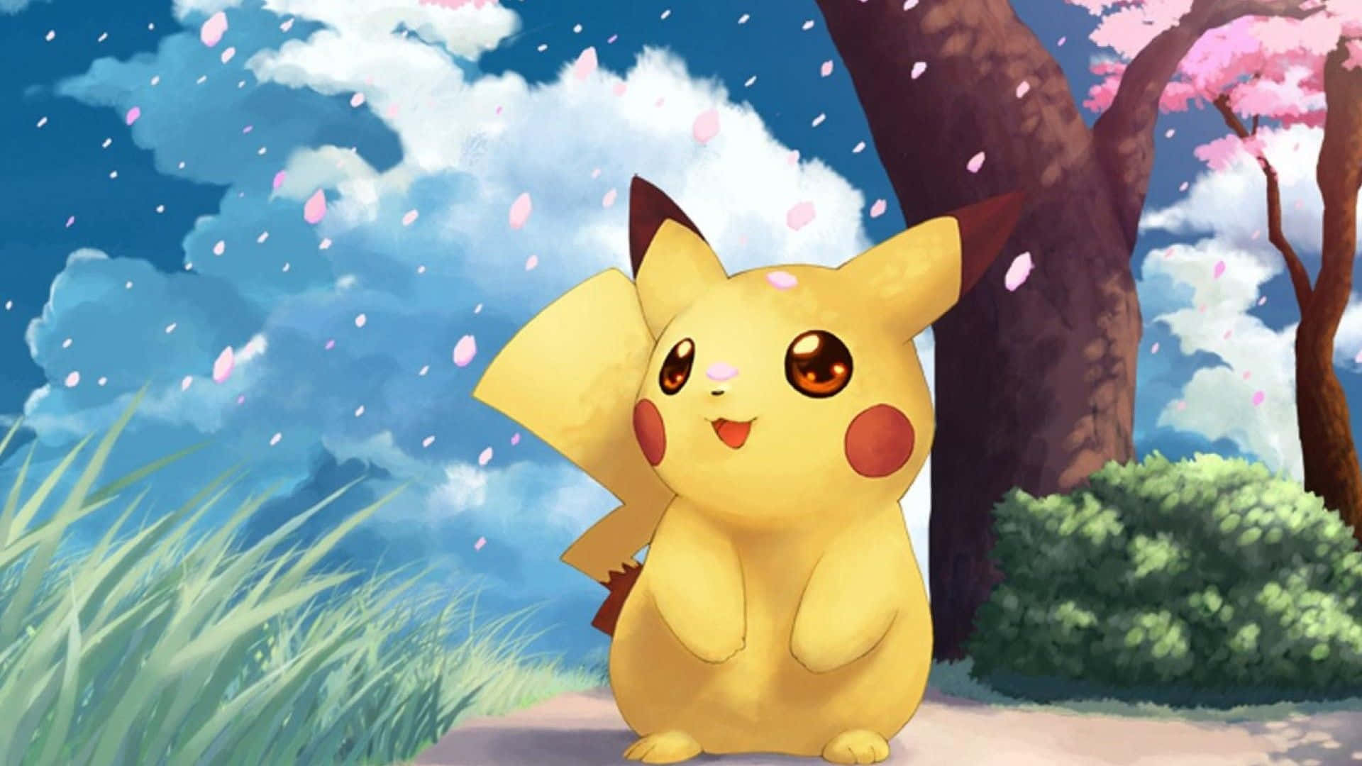 Pikachu, cherry blossom tree, pink petals, Full HD Desktop Wallpaper