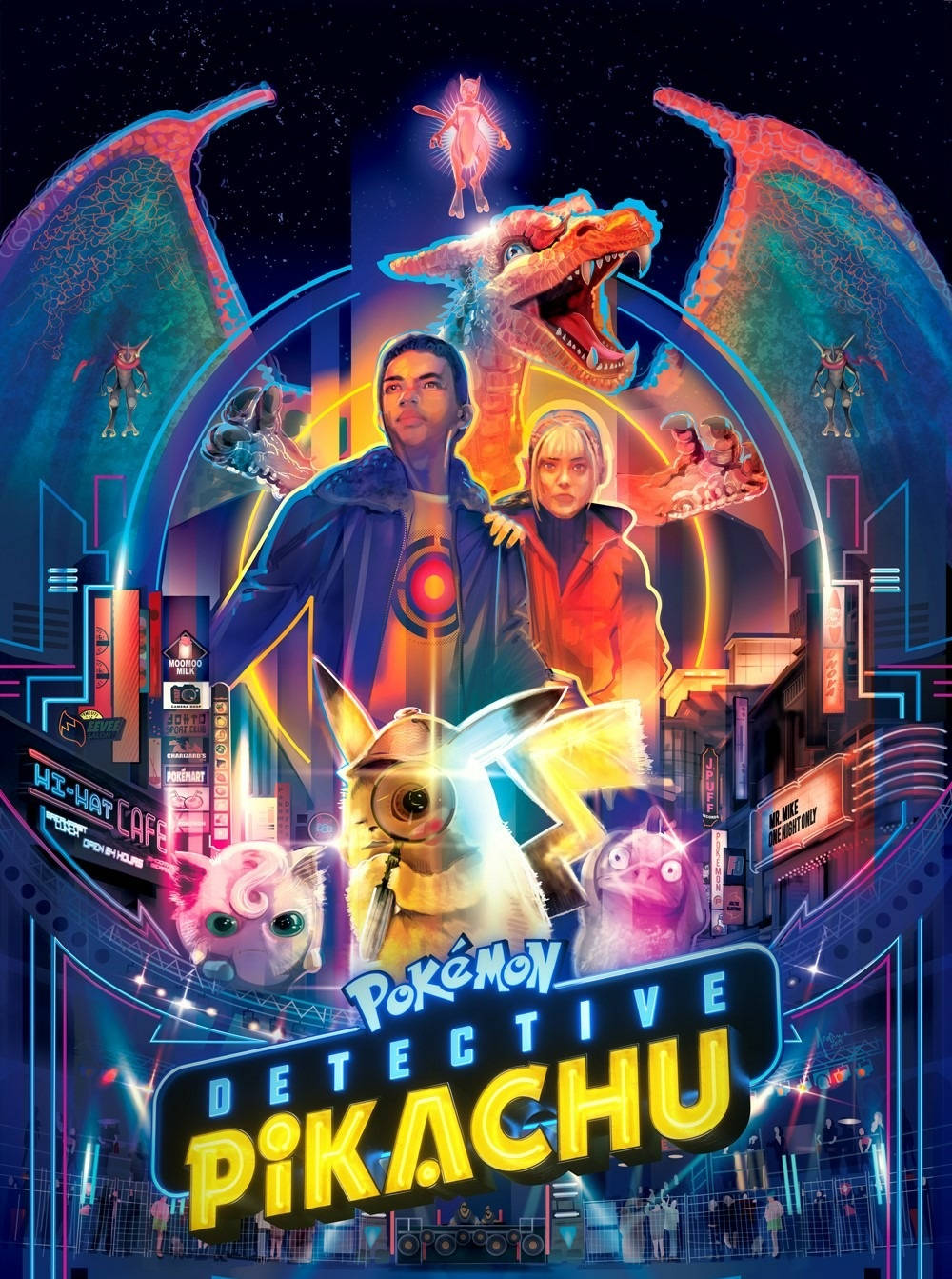 Pokemon Detective Pikachu, neon-lit, futuristic cityscape, HD Phone Wallpaper