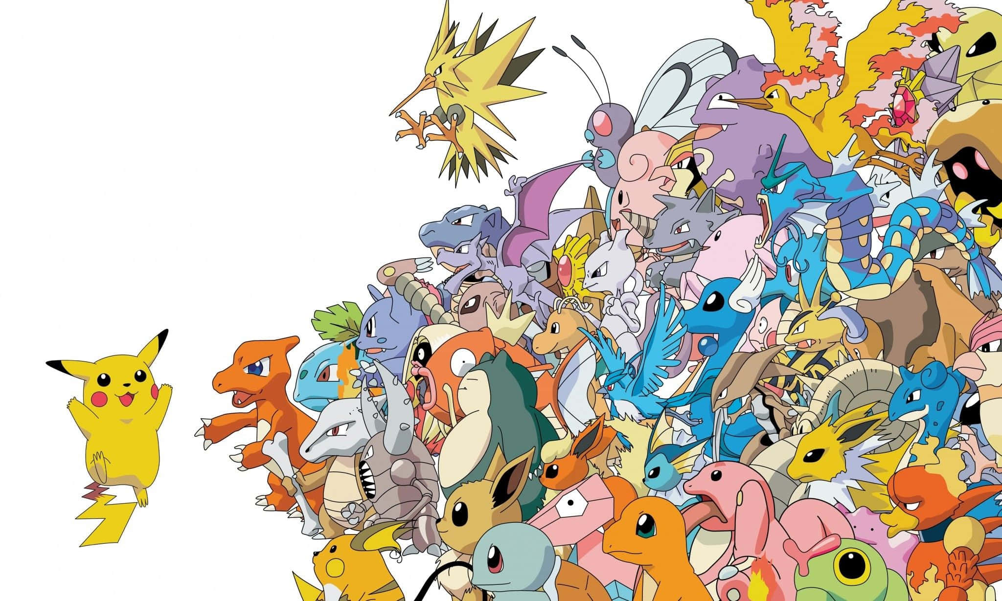 Pikachu, colorful Pokémon characters, white background, Full HD Desktop Wallpaper