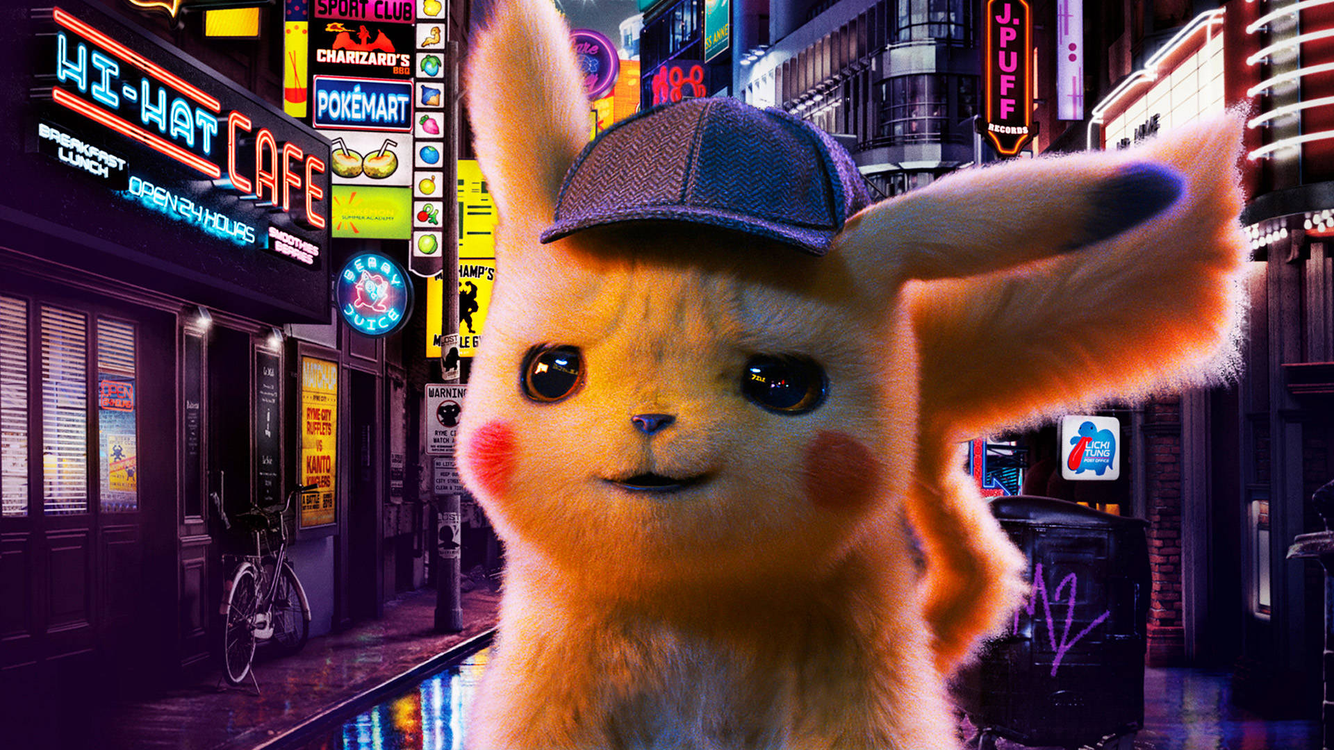 Pokemon Detective Pikachu, detective cap, neon-lit urban alleyway, Full HD Desktop Wallpaper