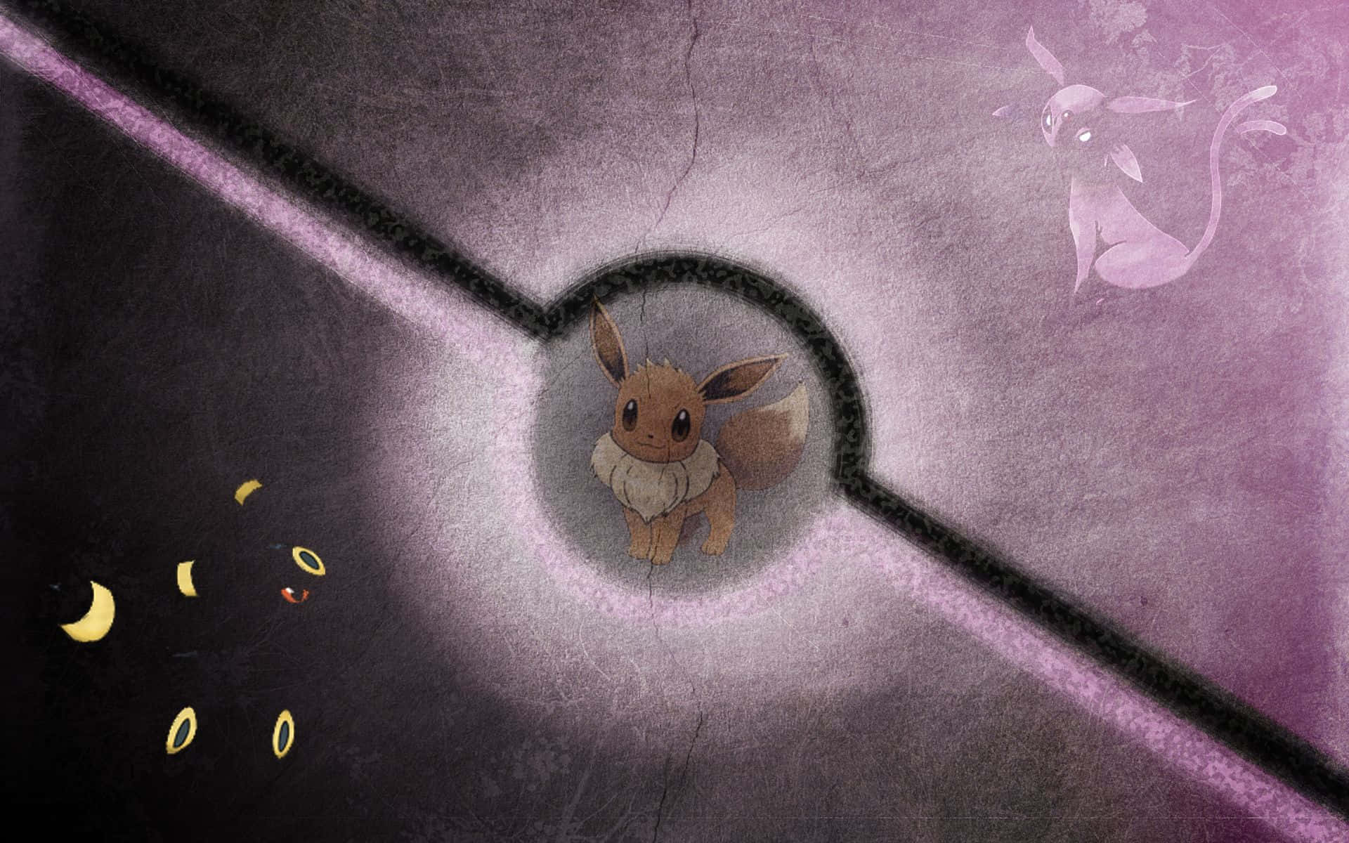 Pokemon Eevee, glowing Poké Ball, cracked purple and black background, Full HD Desktop Wallpaper
