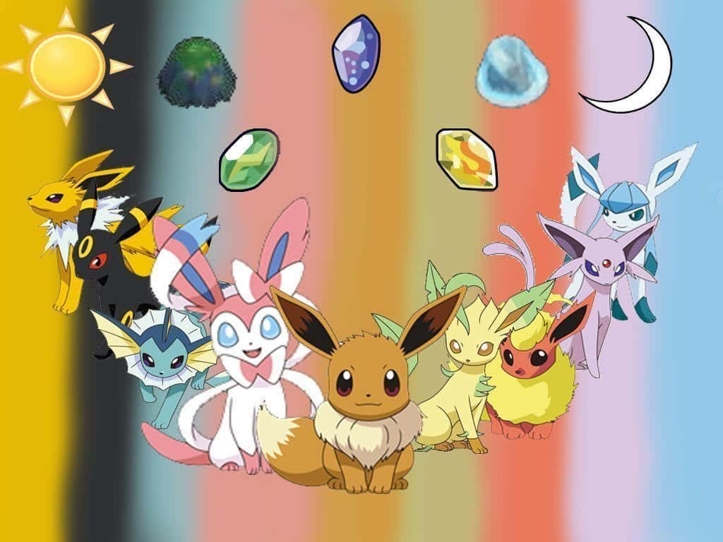 Pokemon Eevee, rainbow gradient background, floating gems, SD Desktop Wallpaper