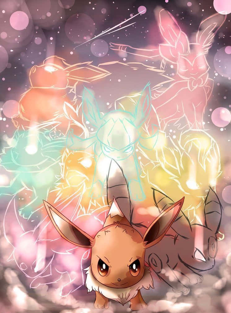 Eevee, evolved forms, dreamy pink and purple bokeh background, SD Phone Wallpaper