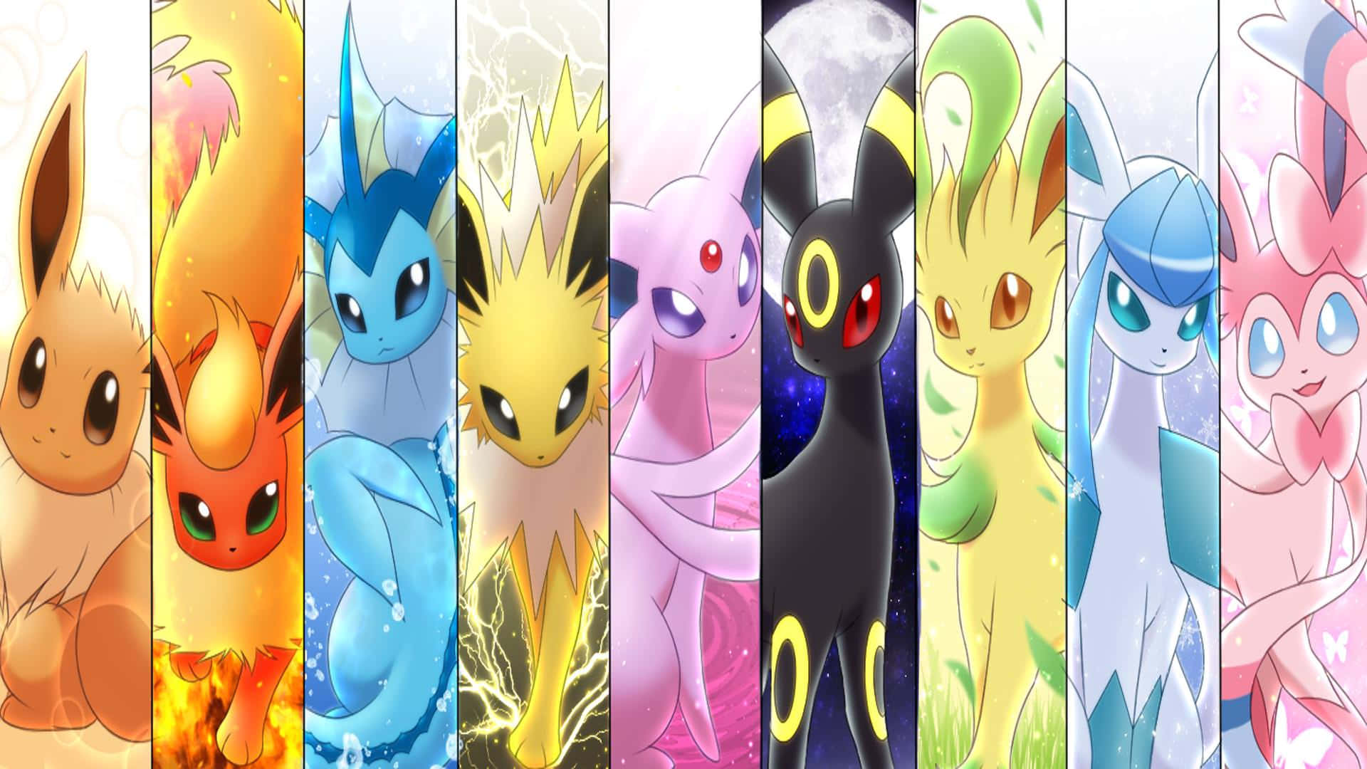 Pokemon Eevee, colorful evolutions, anime-style, Full HD Desktop Wallpaper