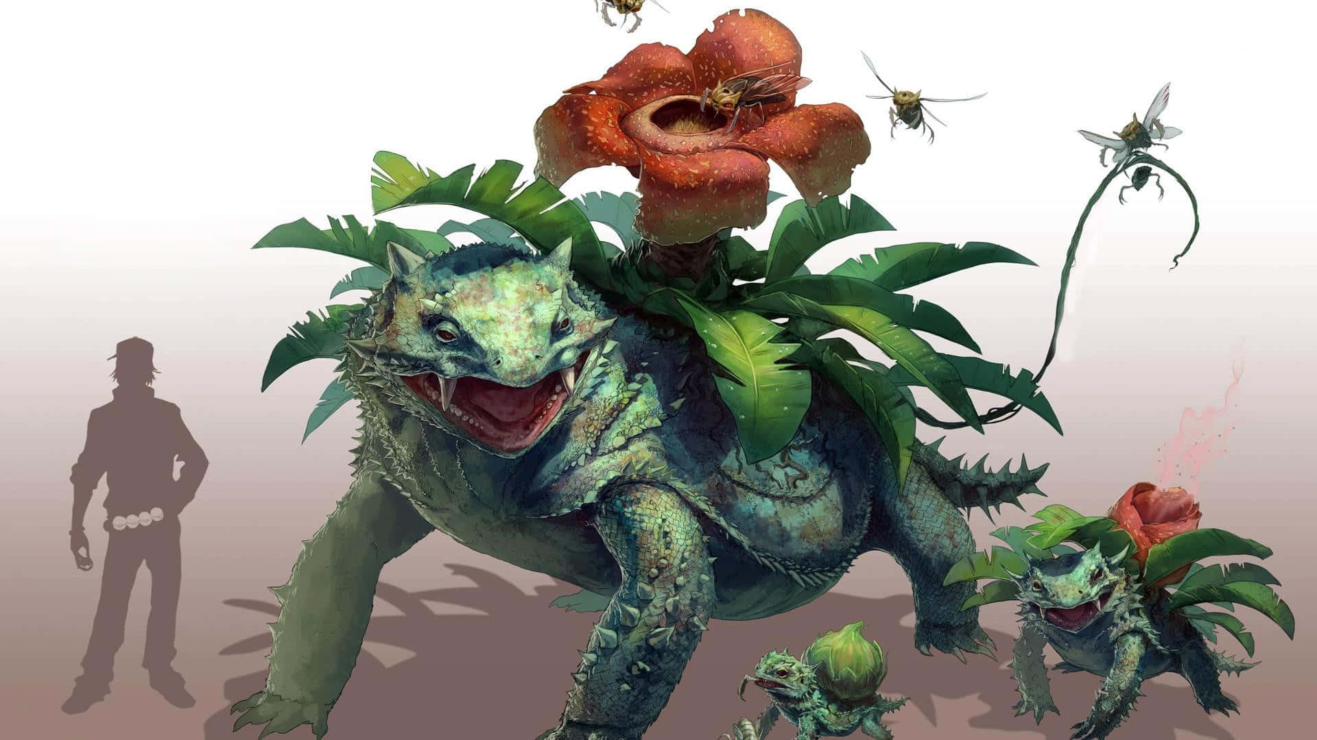 Pokemon Evolution, green reptilian creature, giant red flower, Full HD Desktop Wallpaper
