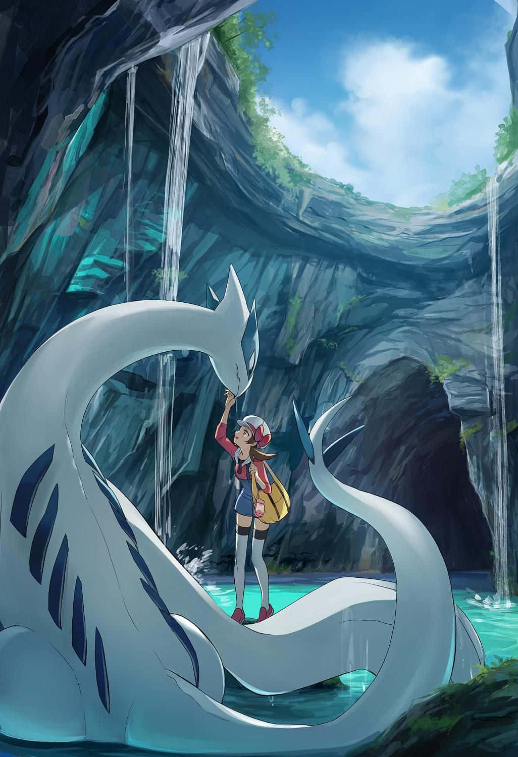 Pokemon, white dragon-like Pokemon, misty waterfall cave, HD Phone Wallpaper