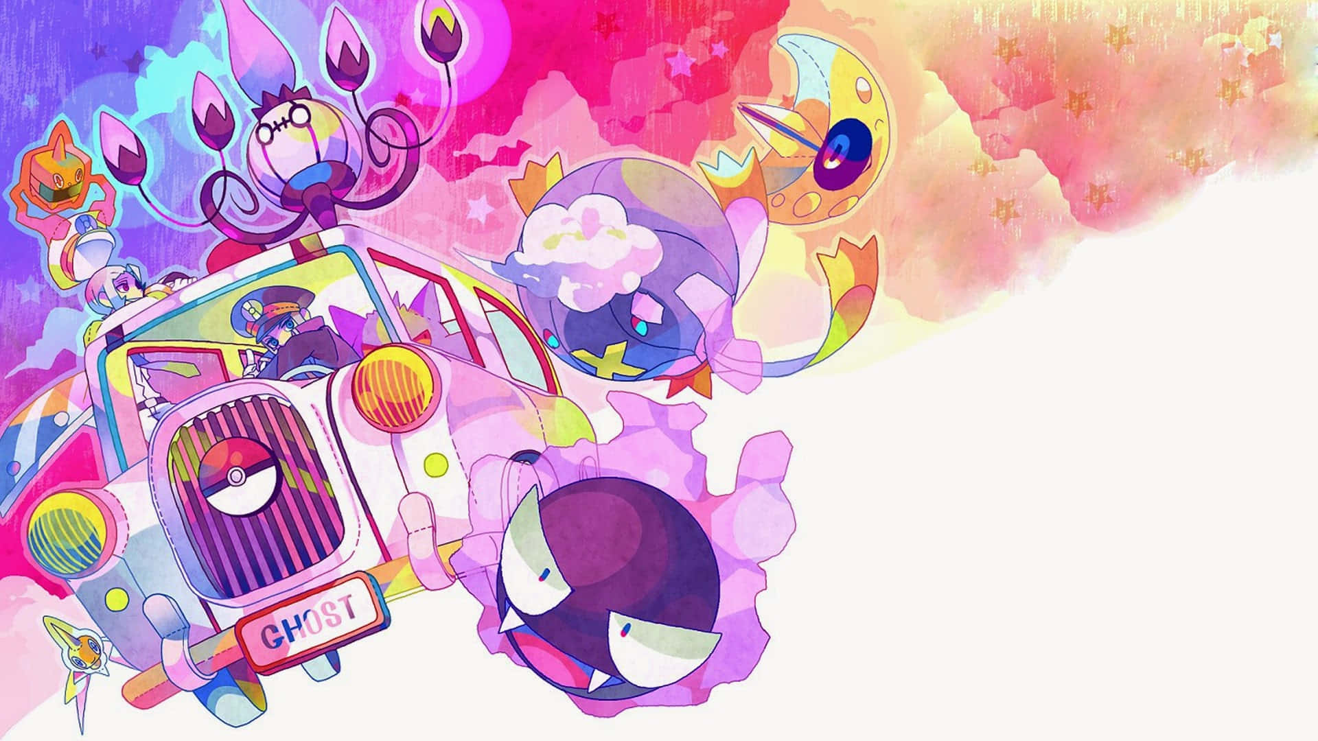 Pokemon, ghost-themed car, anime-style, Full HD Desktop Wallpaper