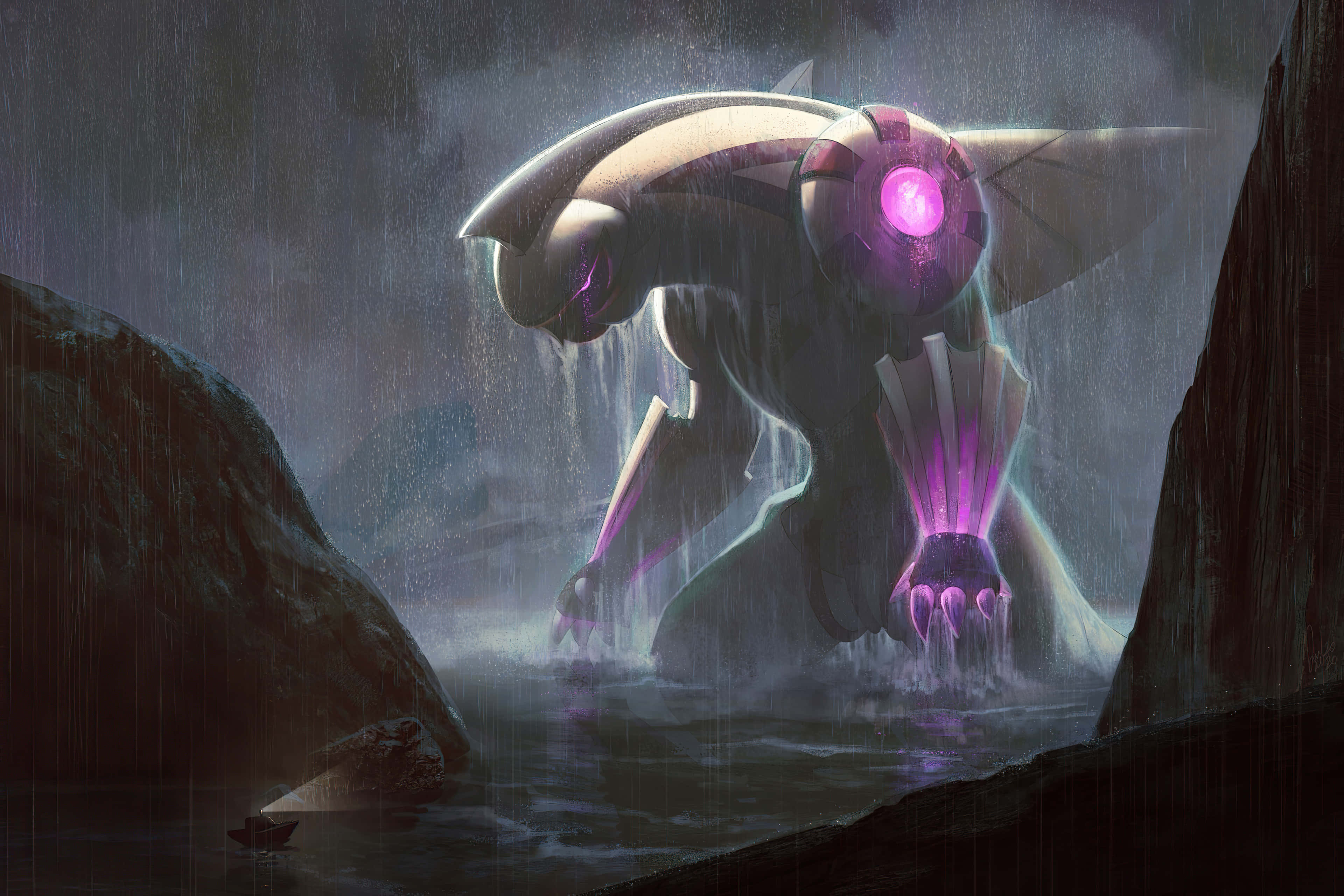 Pokemon, glowing purple creature, stormy waters, 4K Desktop Wallpaper