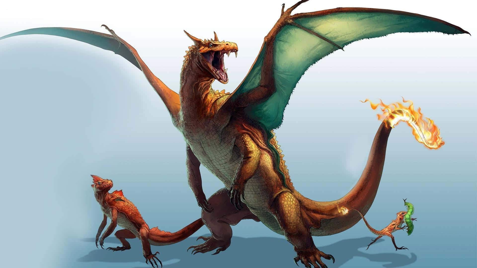 Pokemon Fan Art, golden dragon, teal wings, Full HD Desktop Wallpaper