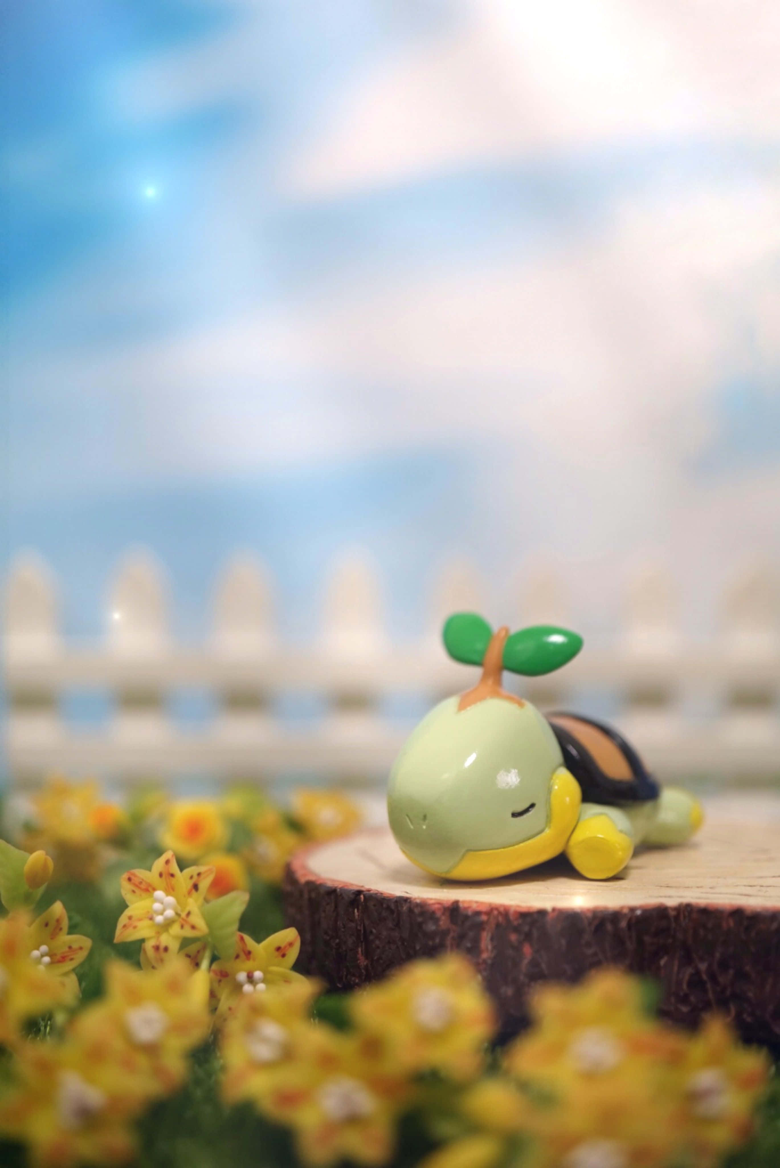 Pokemon Figures, green turtle figurine, wooden stump, 4K Phone Wallpaper